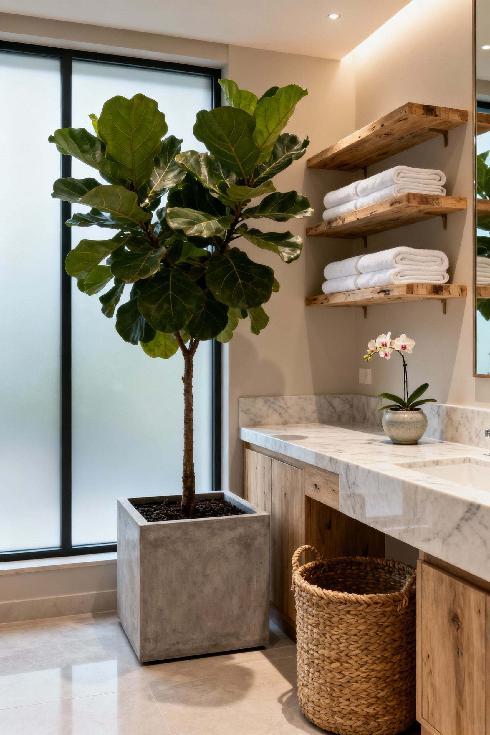 Luxurious hotel-inspired laundry room with biophilic design elements, including a large fiddle leaf fig plant in a polished concrete planter, reclaimed wood shelving, natural stone countertops, and woven hampers under soft natural light.