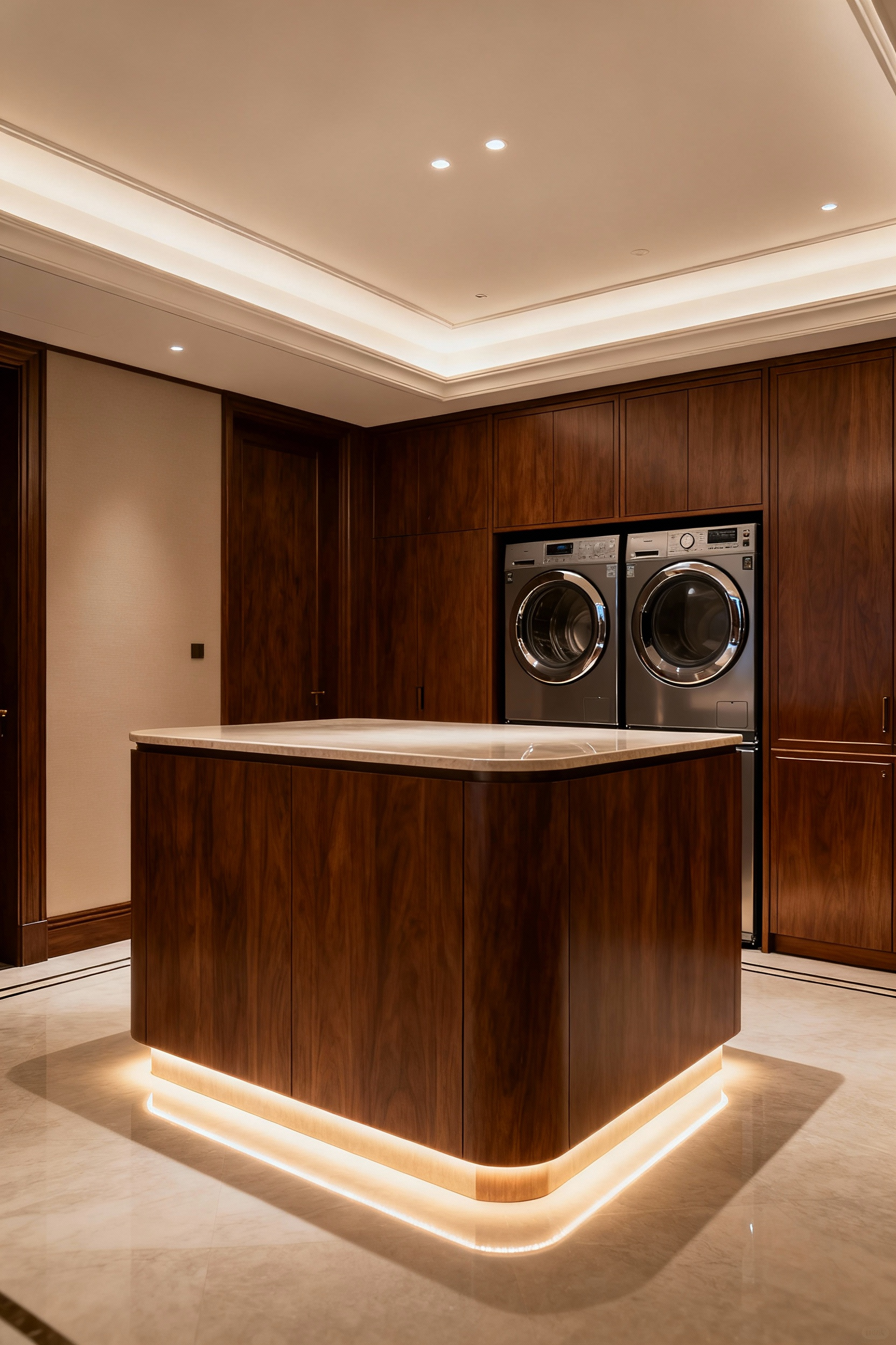 Luxury laundry room with custom-paneled appliances on a pedestal, integrating seamlessly into bespoke wooden cabinetry.