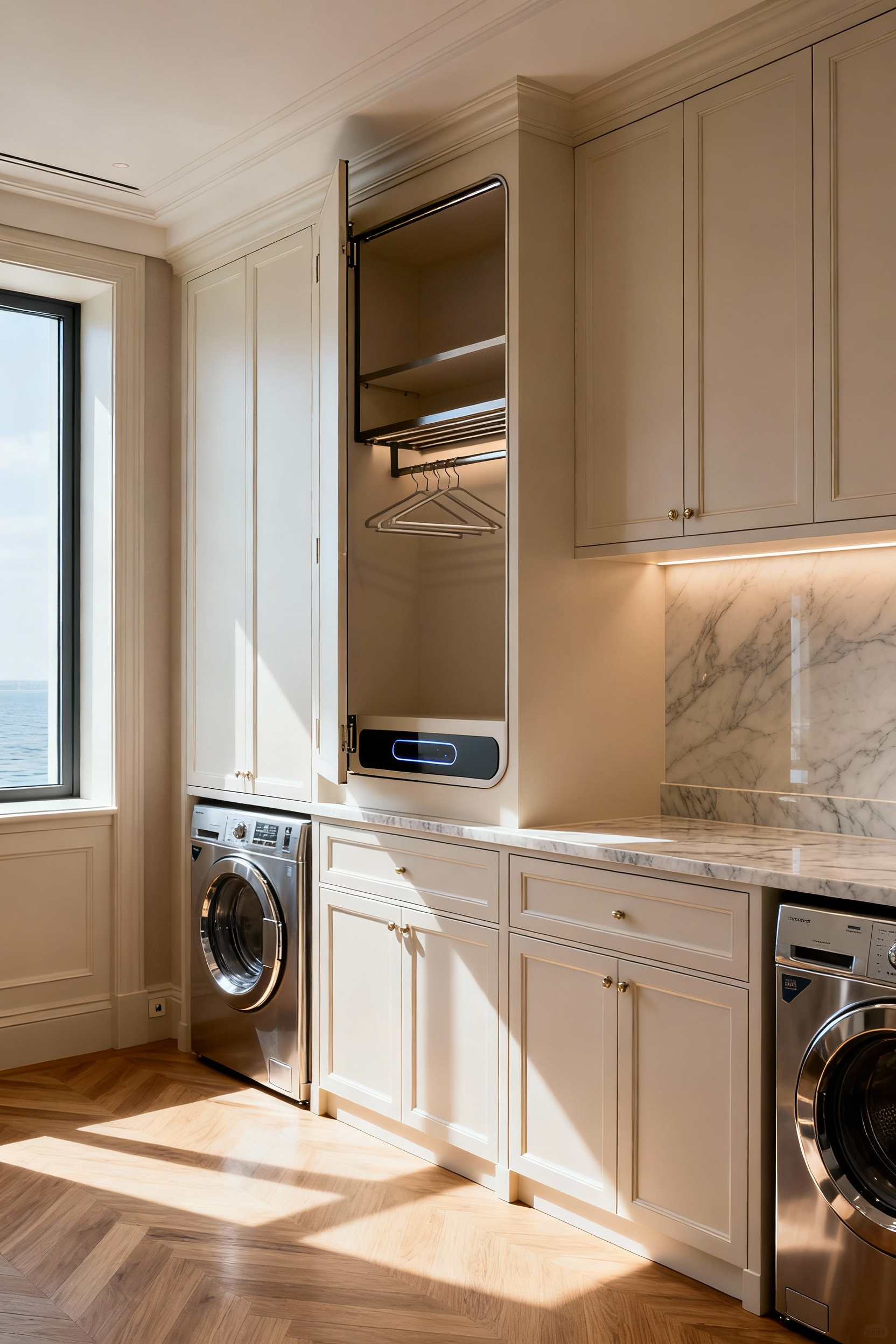 Luxurious hotel-inspired laundry room with integrated, concealed wall-mounted drying racks, clean lines, and premium finishes.