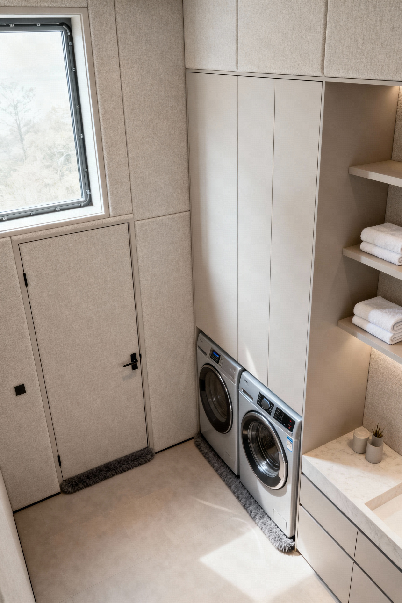 Luxury laundry room designed for exceptional sound attenuation, featuring acoustic panels, silent appliances, and solid-core door, ensuring tranquil operation.