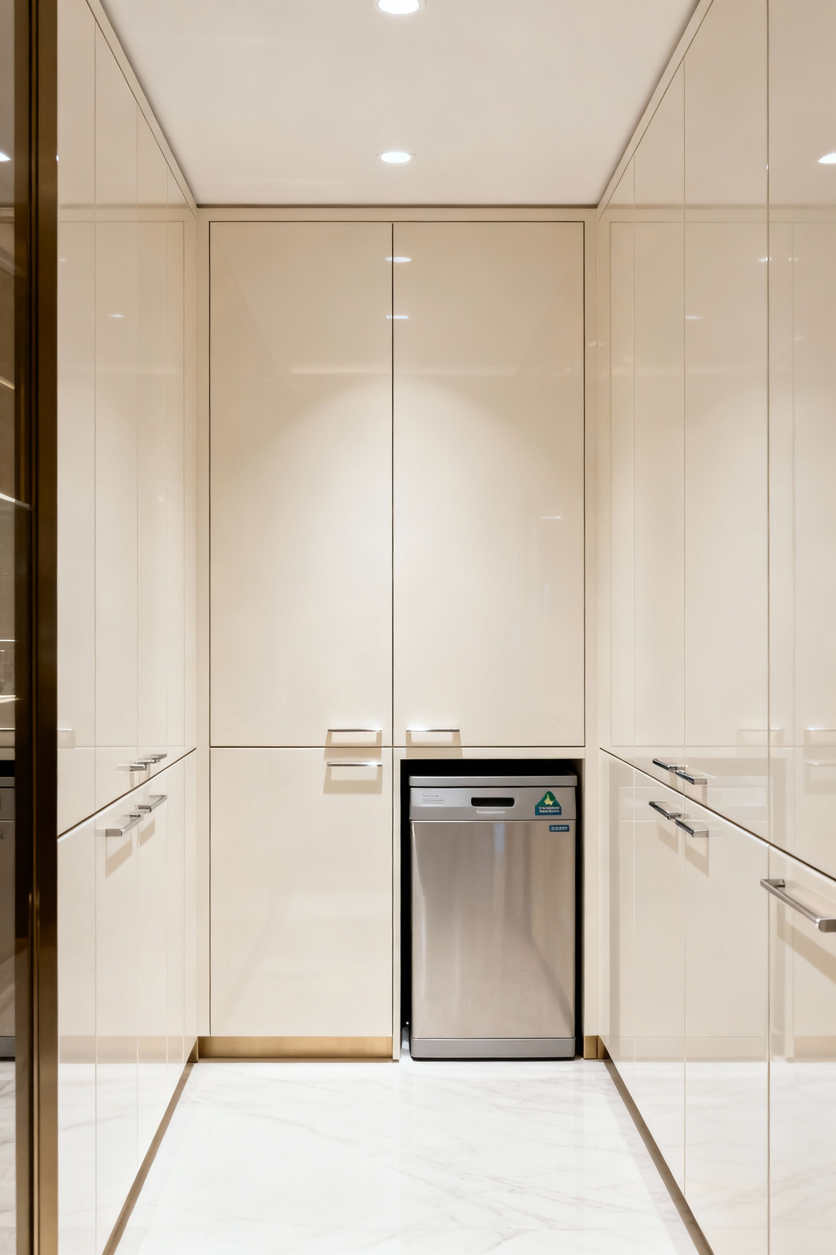 A luxurious, pristine laundry room interior featuring seamlessly integrated, high-gloss white cabinetry that discretely hides waste management and recycling facilities, maintaining an uncluttered, sophisticated aesthetic with soft lighting.