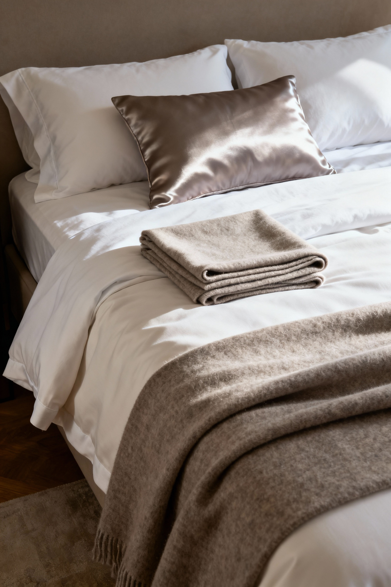 Close-up of luxurious layered bedding featuring crisp cotton sheets, a smooth Tencel duvet, a folded cashmere throw, and a silk pillow sham in a cozy bedroom setting, highlighting exquisite textile selection.