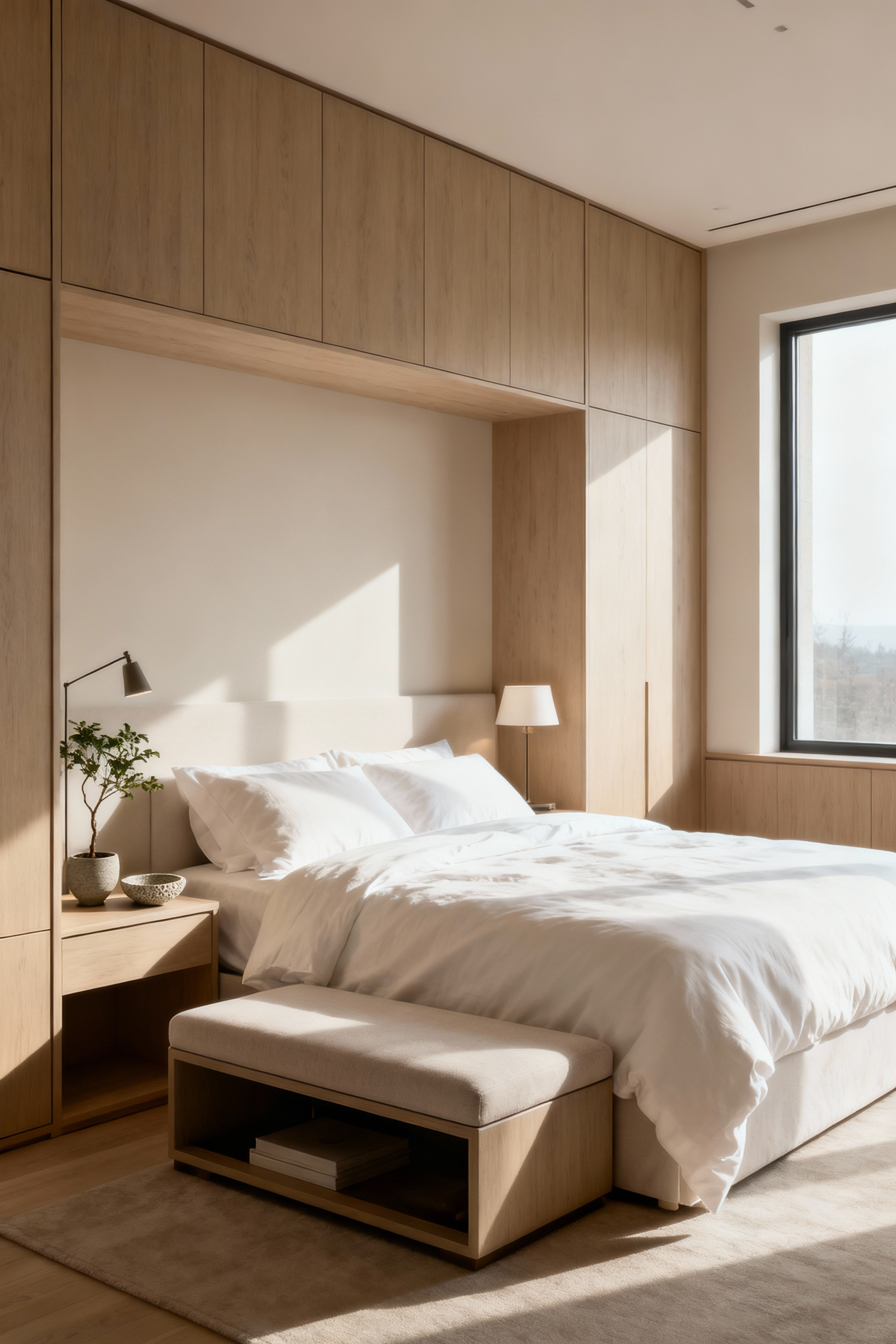 Portrait of a meticulously organized, decluttered bedroom featuring a neutral color palette, luxurious white bedding, subtle integrated storage, and minimal curated decor, bathed in soft natural light.