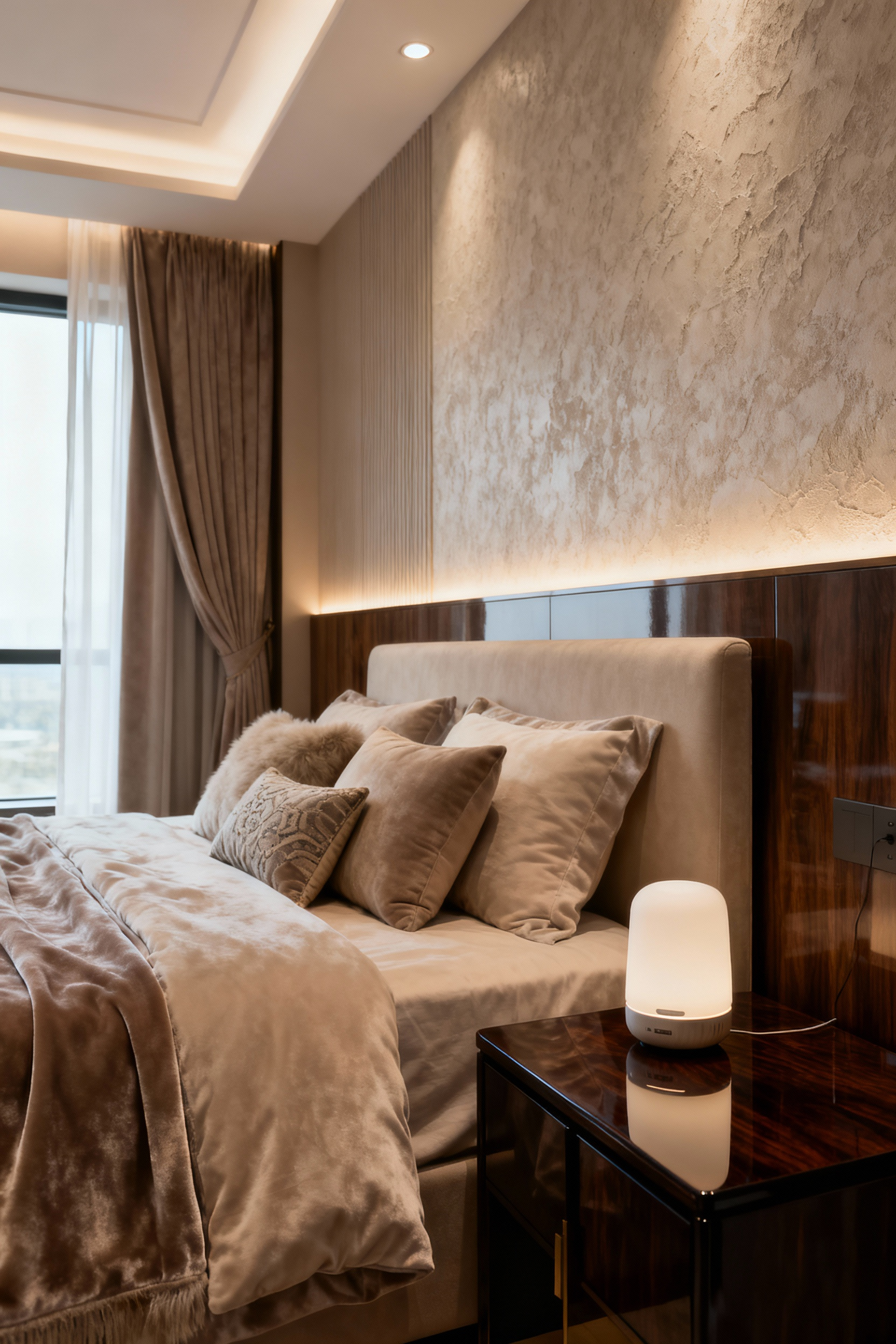 An inviting bedroom with plush, layered bedding, smart lighting creating a soft glow, and a sleek essential oil diffuser, showcasing an adaptable, cozy design. The room feels calm and supportive.