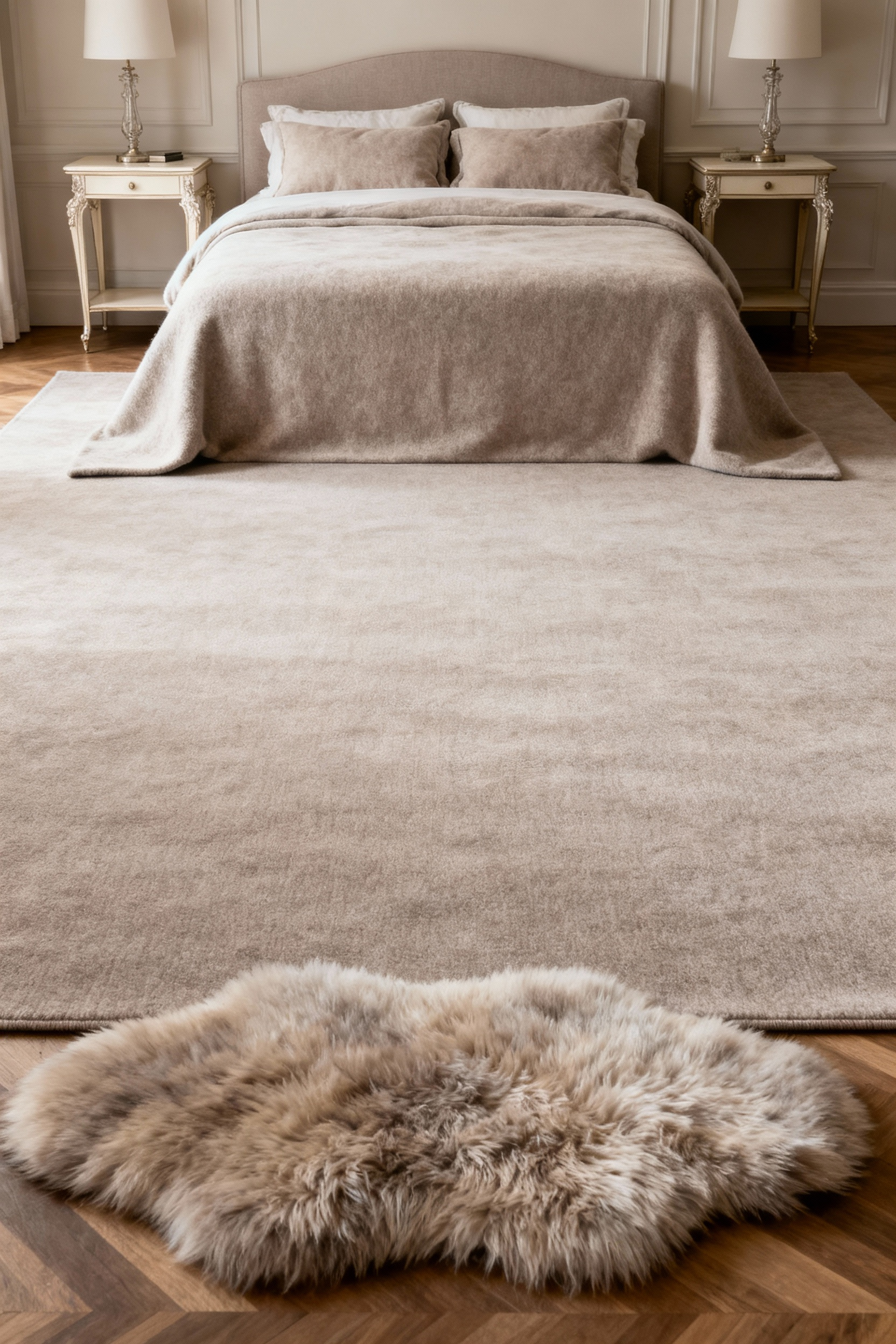 Luxurious bedroom interior featuring an integrated rug layering strategy, with a large neutral foundational rug beneath a king bed and a smaller, plush accent rug, enhancing warmth and coziness.