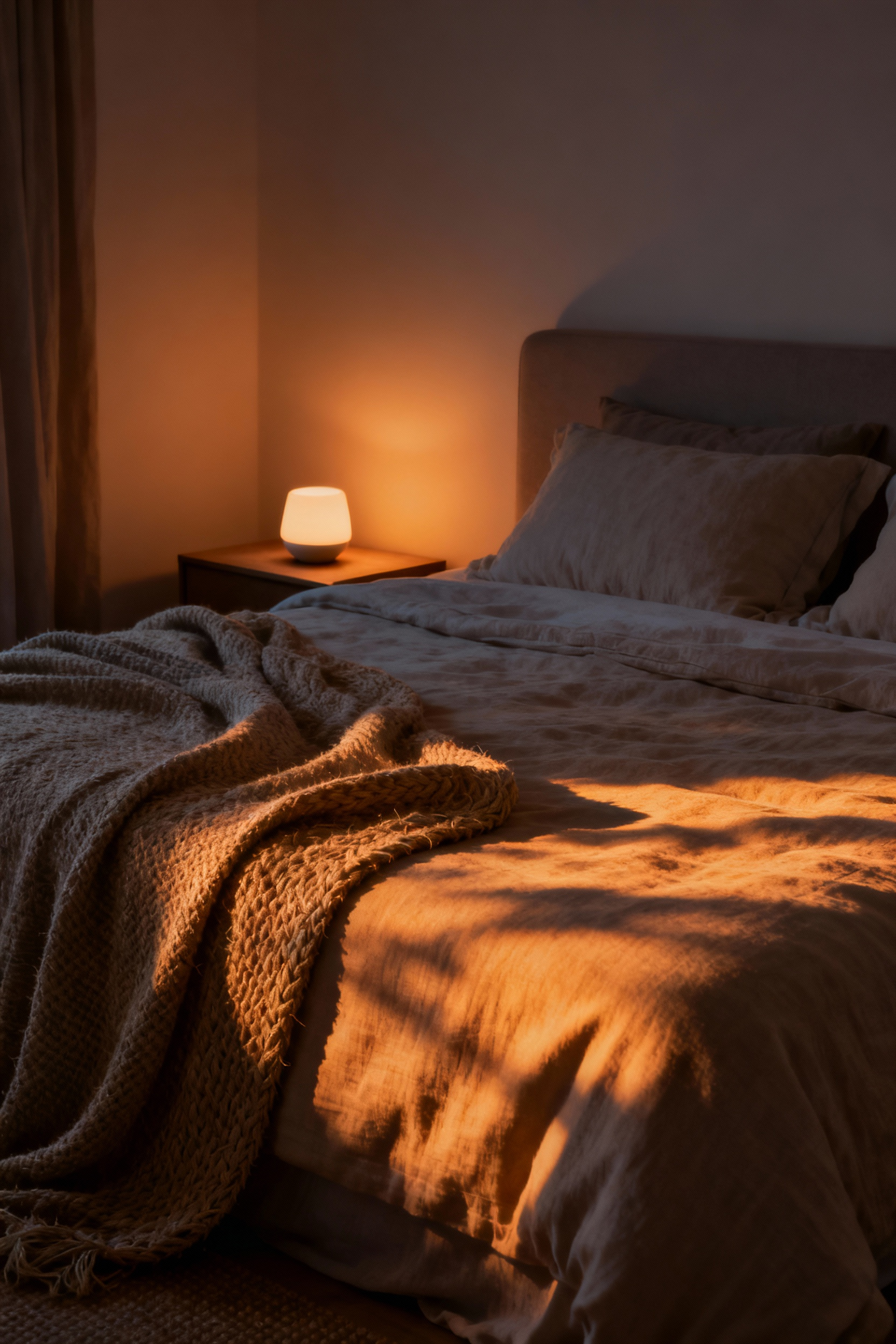 A serene luxury bedroom at twilight with warm, amber lighting and natural fiber bedding, illustrating a seamless transition to nighttime relaxation.