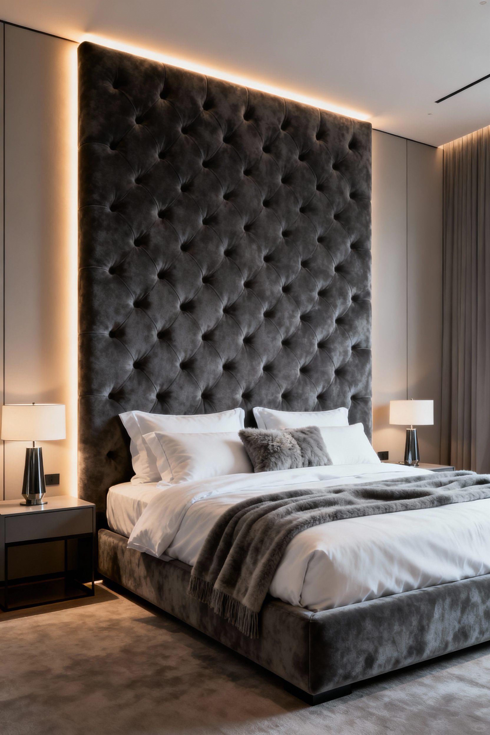 Luxurious bedroom with a grand, tufted charcoal velvet bespoke headboard, integrated LED lighting, and elegant bedding, showcasing architectural design.