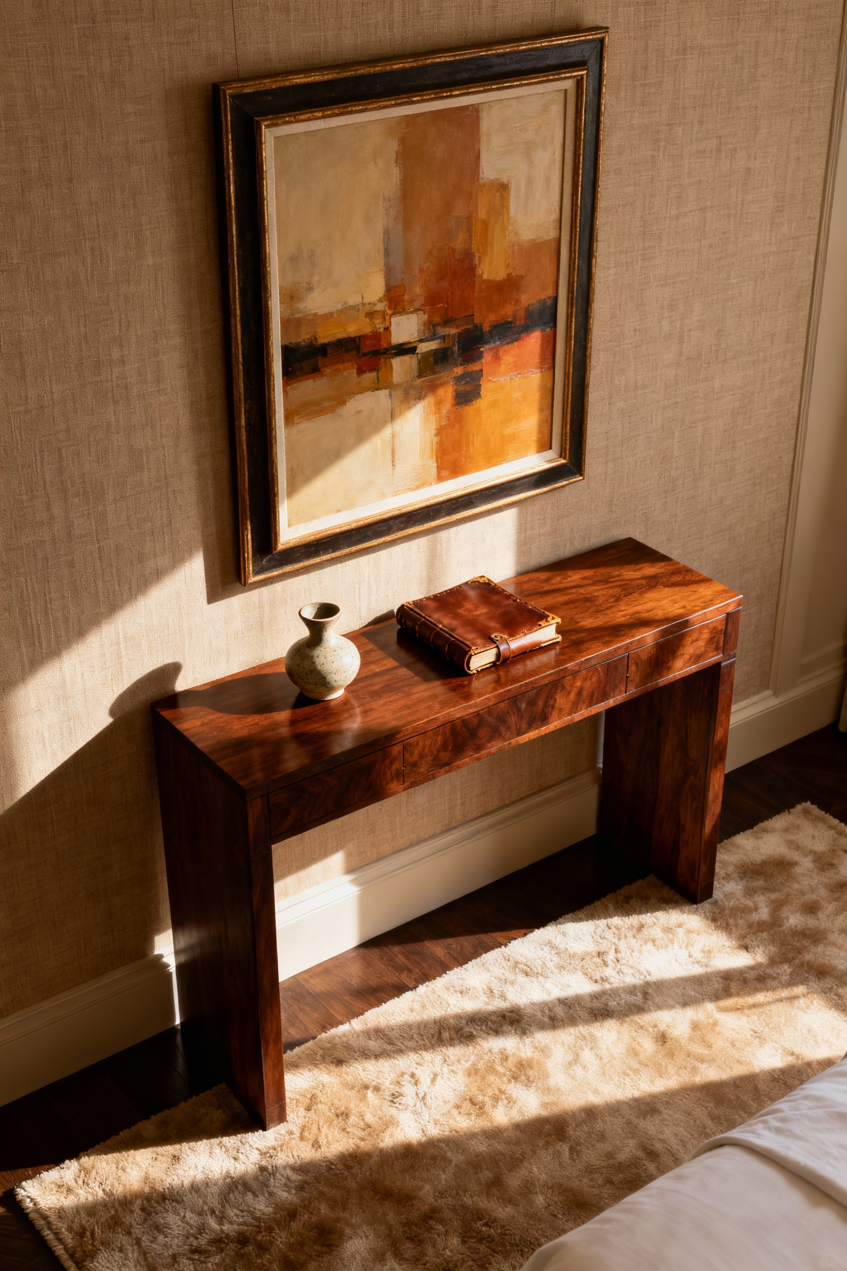 A cozy bedroom corner featuring bespoke abstract art and carefully chosen personal artifacts, evoking emotional resonance and a luxurious, personalized sanctuary feel.