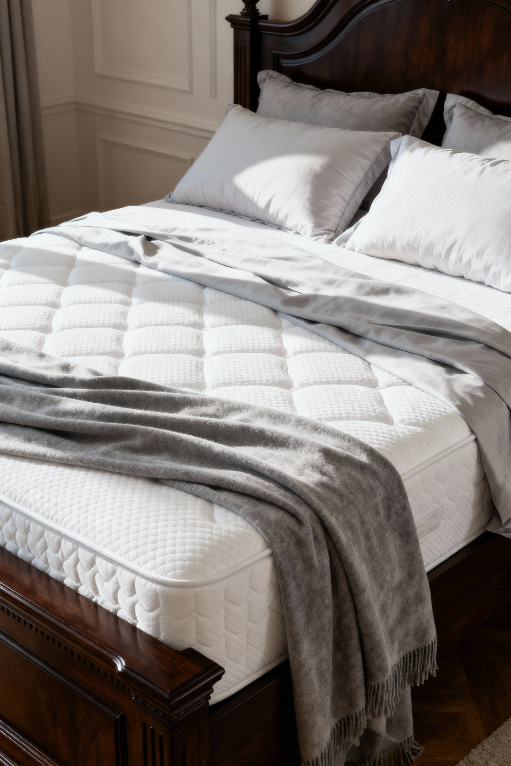 A lavishly made bed featuring a high-end ergonomic mattress and a variety of supportive pillows, designed for optimal comfort and alignment in an opulent bedroom setting, with soft, ambient lighting.