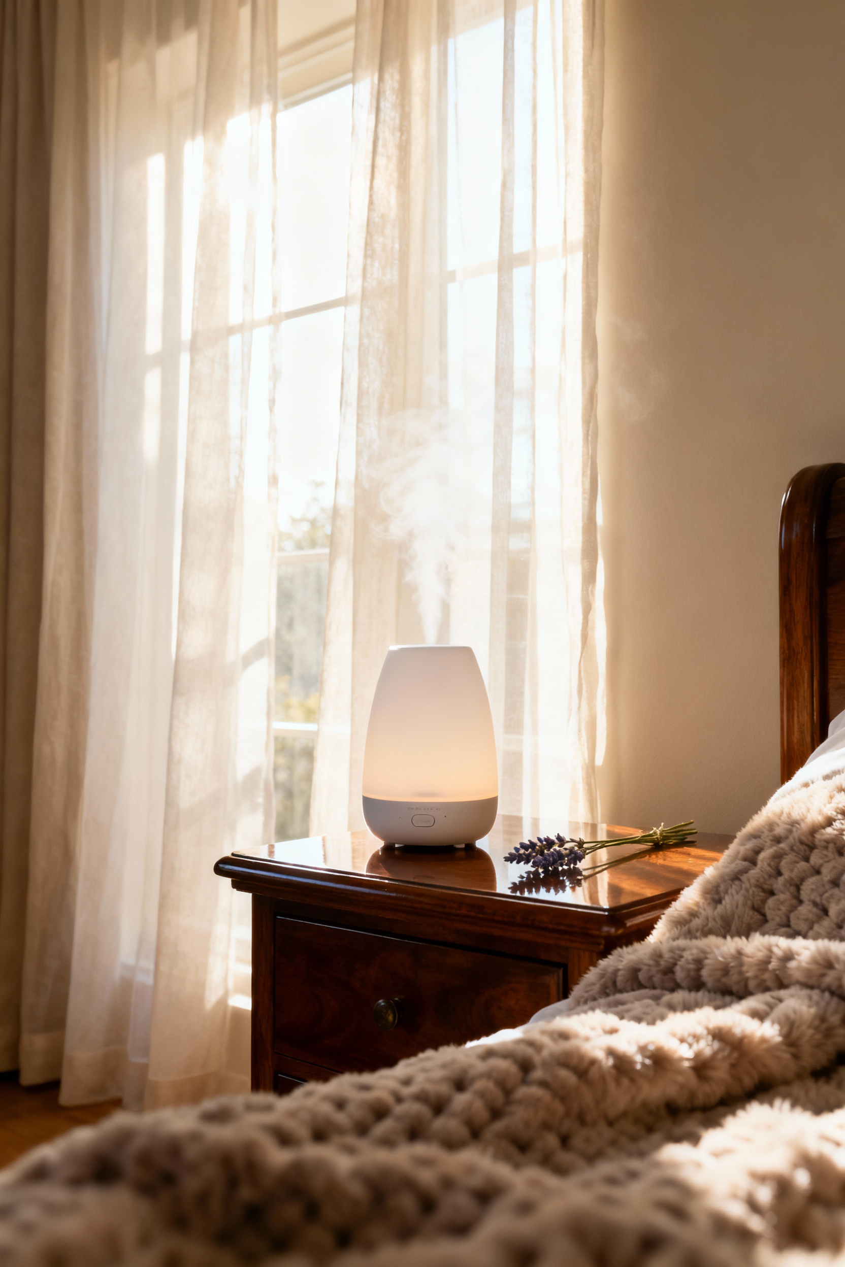 A beautifully styled bedroom corner featuring an elegant diffuser, a sprig of lavender, and soft textiles, representing a subtle aromatic escape.
