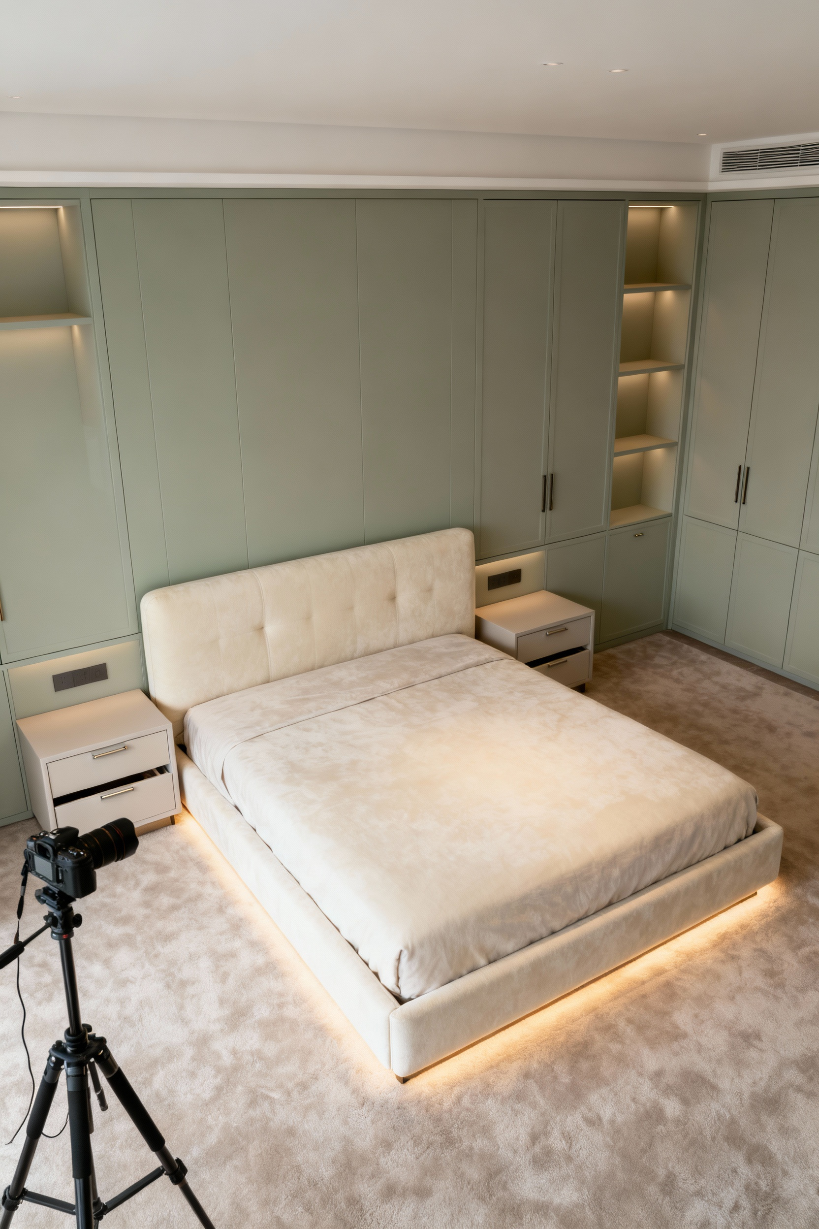Luxury bedroom featuring bespoke built-in storage, integrated wardrobe, and discreet bed drawers, maintaining an uncluttered and serene environment for lasting order.