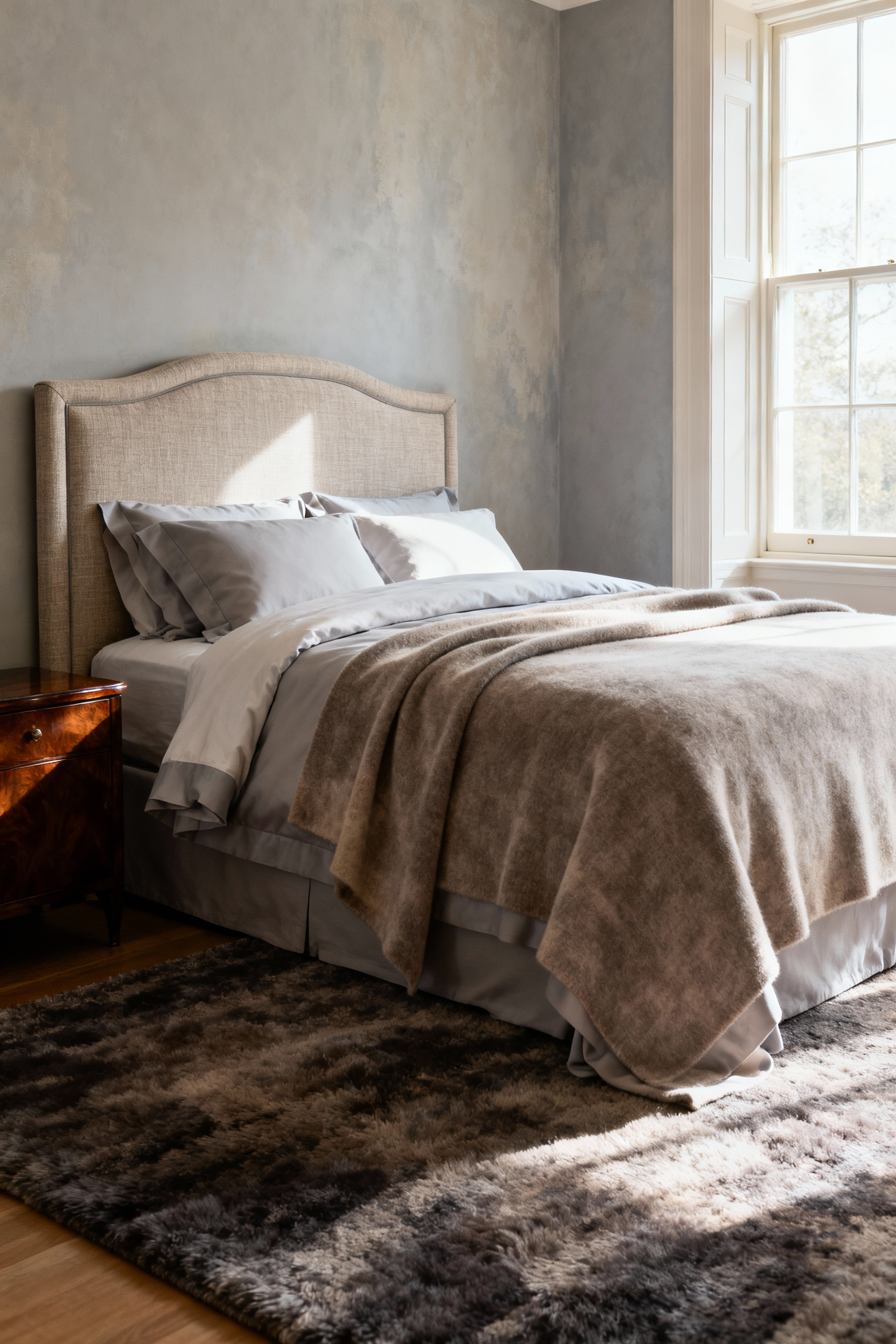 A serene bedroom featuring a soft grey and warm taupe color palette, luxurious linen bedding, textured limewash walls, and natural wooden furniture, designed for ultimate calmness.
