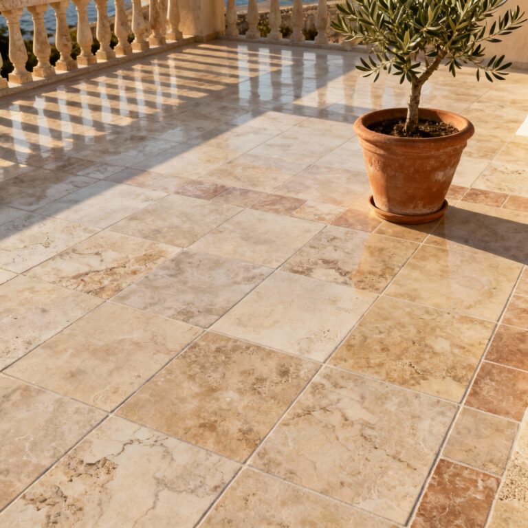 Close-up of a Mediterranean-style deck surface made of large format porcelain pavers resembling aged limestone, featuring subtle tonal variations and fine-grained grout.