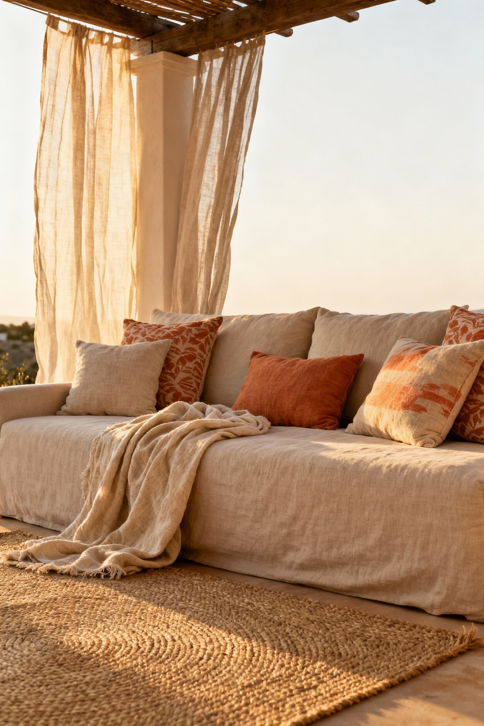 Outdoor deck area with layered natural fiber textiles, including a woven jute rug, a soft linen throw over a lounge chair, and plump cotton cushions, all contributing to a rich, comfortable, and inviting Mediterranean aesthetic.