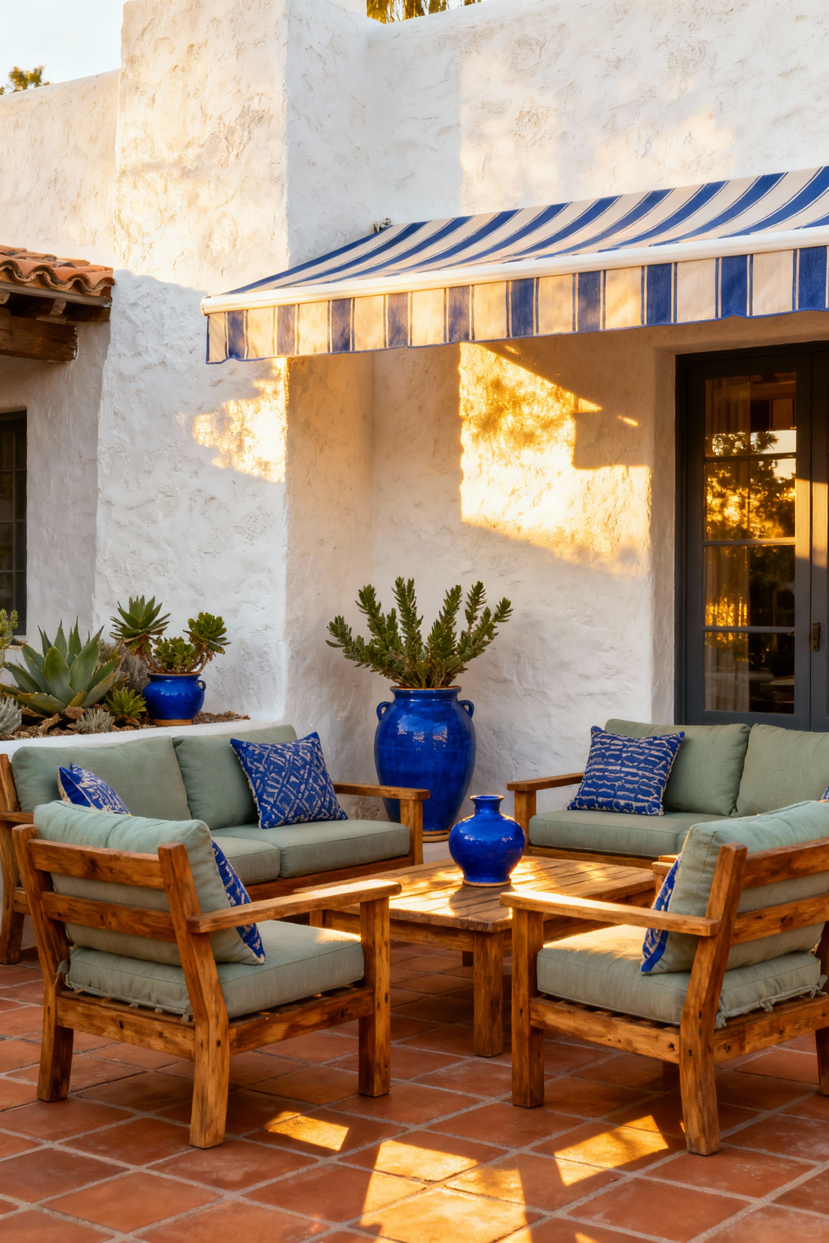 Sun-drenched Mediterranean deck featuring earthen tones like terracotta and sandstone, accented with vibrant cobalt blue cushions and pottery, demonstrating effective color theory implementation.