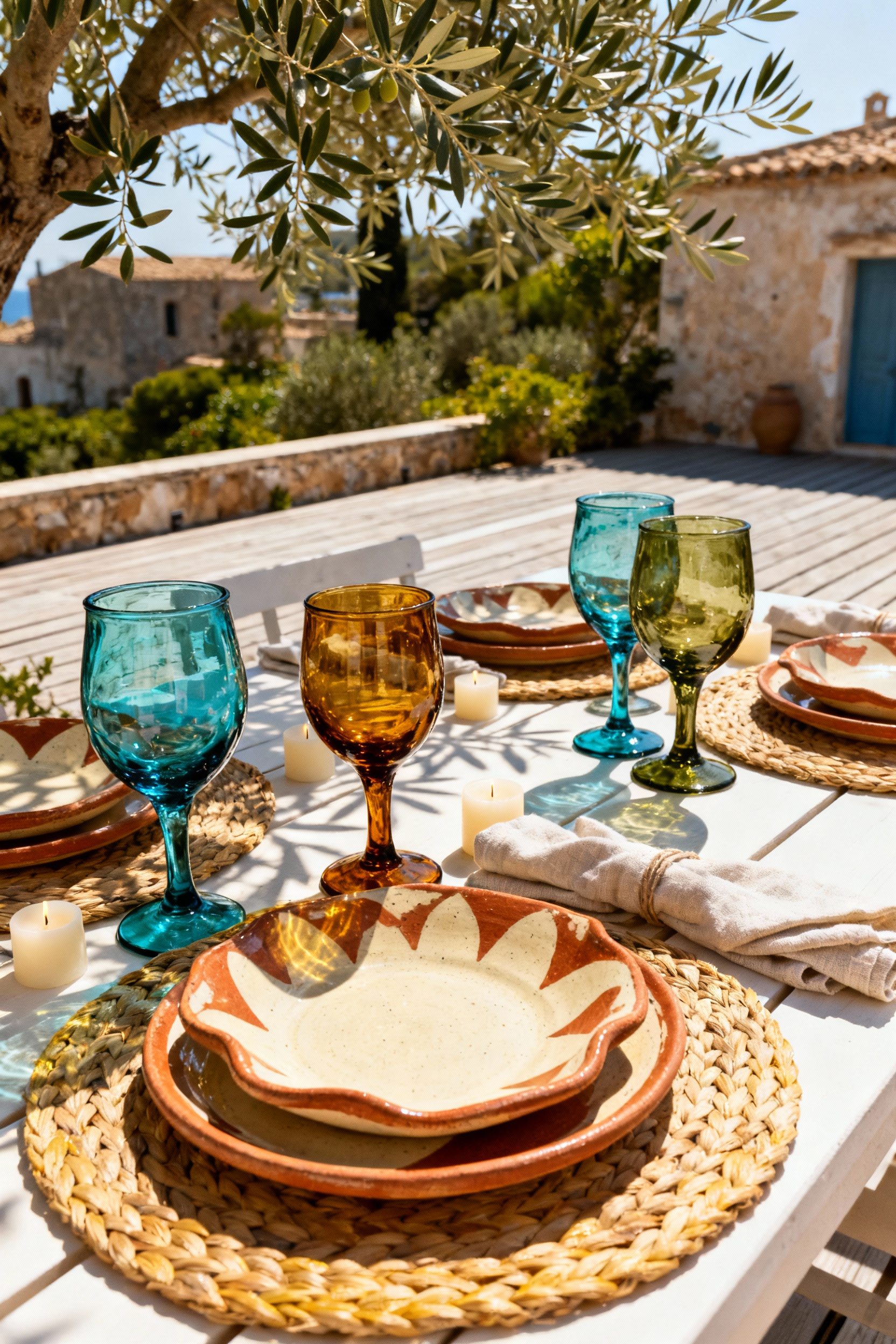 Artfully arranged outdoor dining table on a Mediterranean deck featuring an eclectic collection of colorful hand-blown glass goblets and unique ceramic dinnerware.