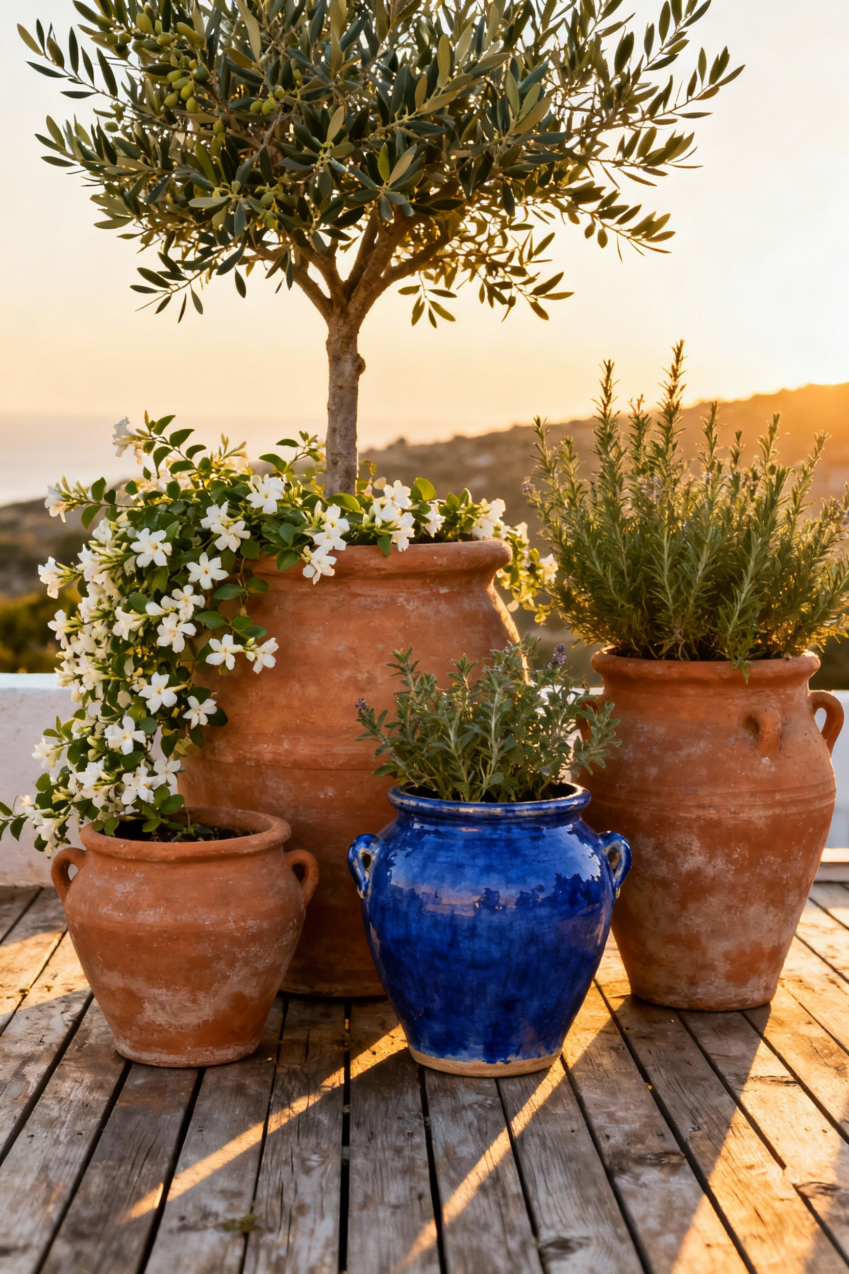 A striking collection of hand-thrown terracotta pots and vibrant cobalt-blue glazed planters, filled with olive trees, jasmine, and herbs, expertly arranged on a sunlit wooden Mediterranean deck.