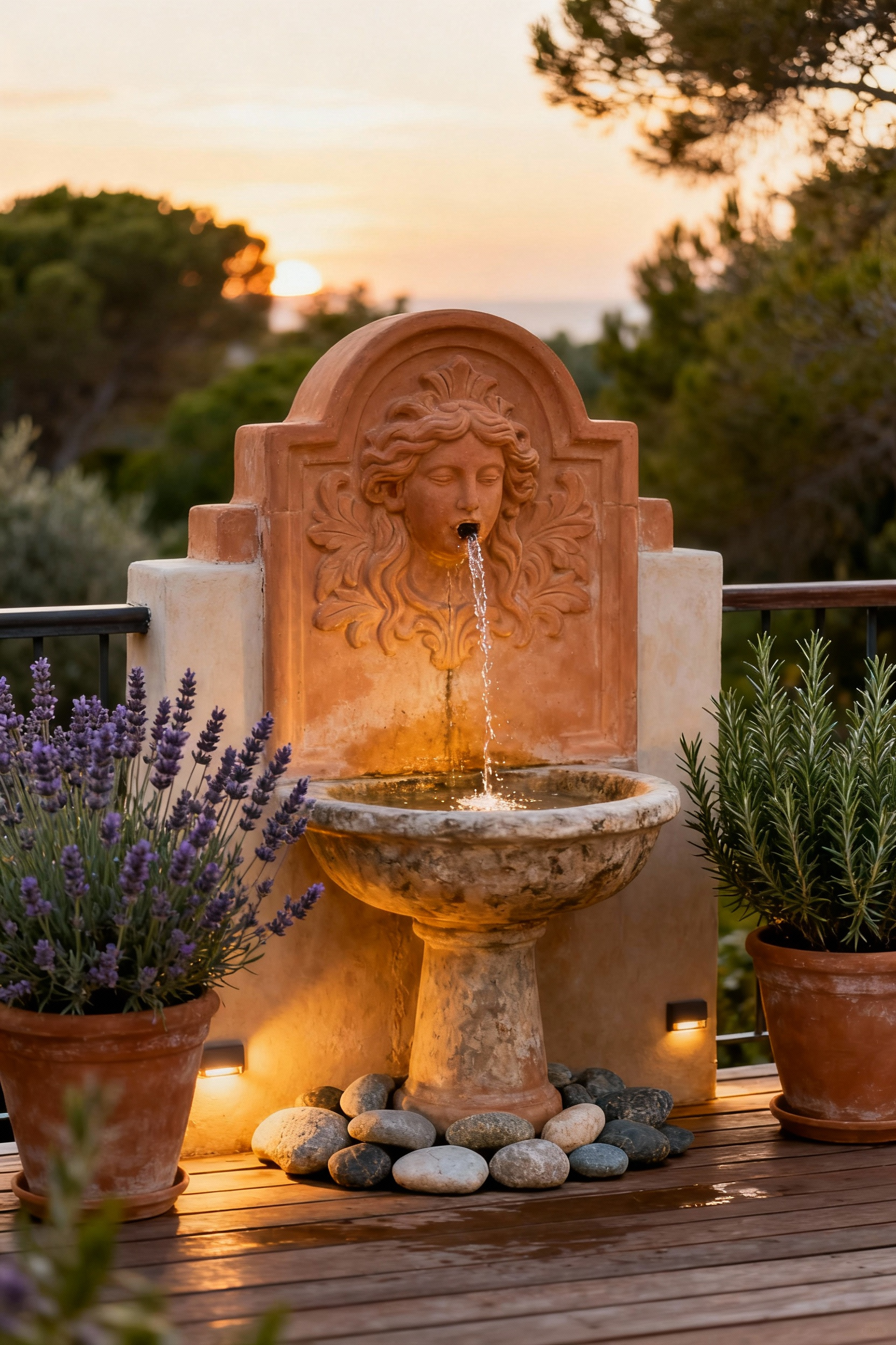 Terracotta wall fountain on a Mediterranean deck with lavender and rosemary, gentle water flow, stone basin, soft lighting