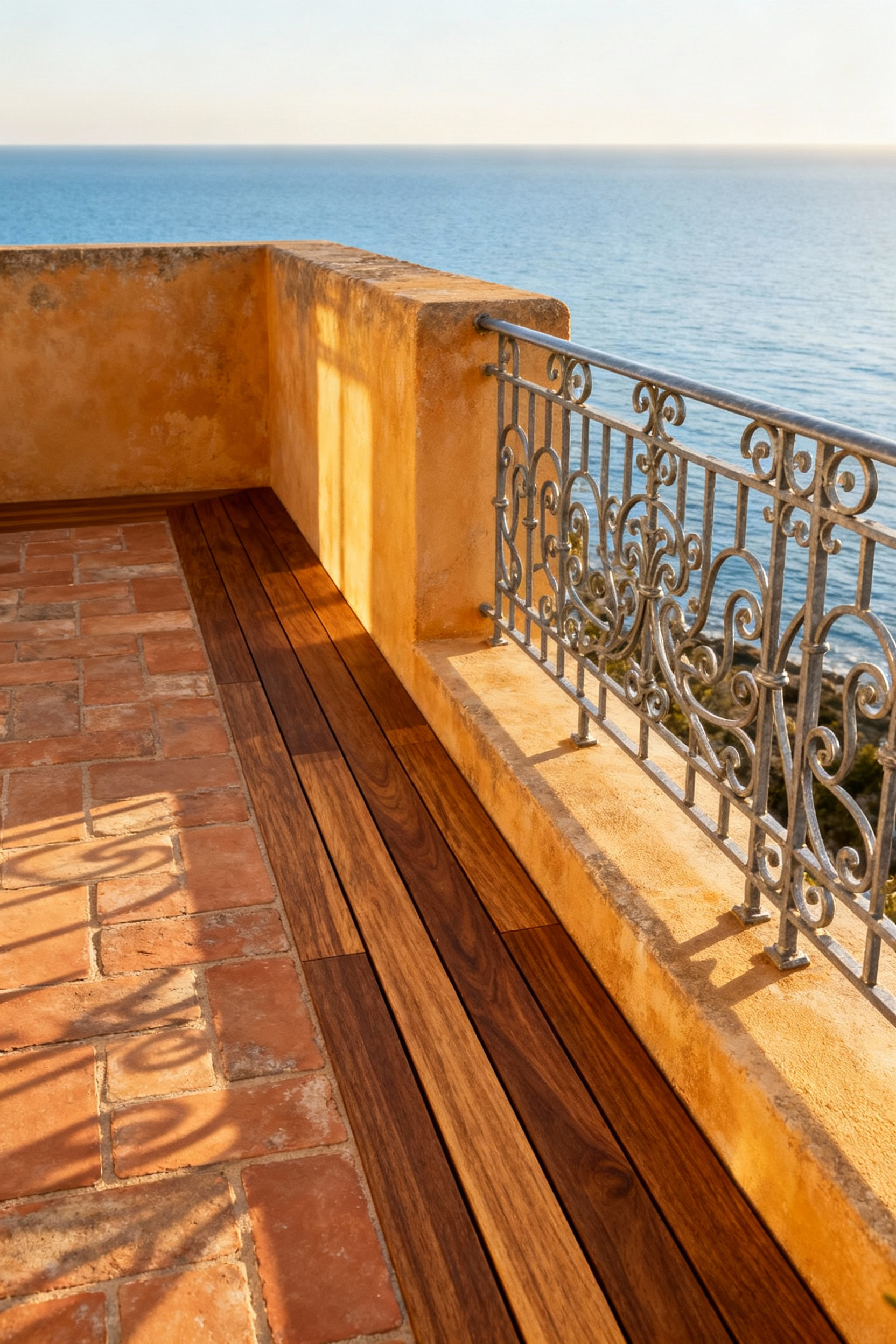 Mediterranean deck featuring terracotta pavers, ipe hardwood decking, and wrought iron railings under golden hour, emphasizing weather-resistant, high-quality materials and design for longevity.