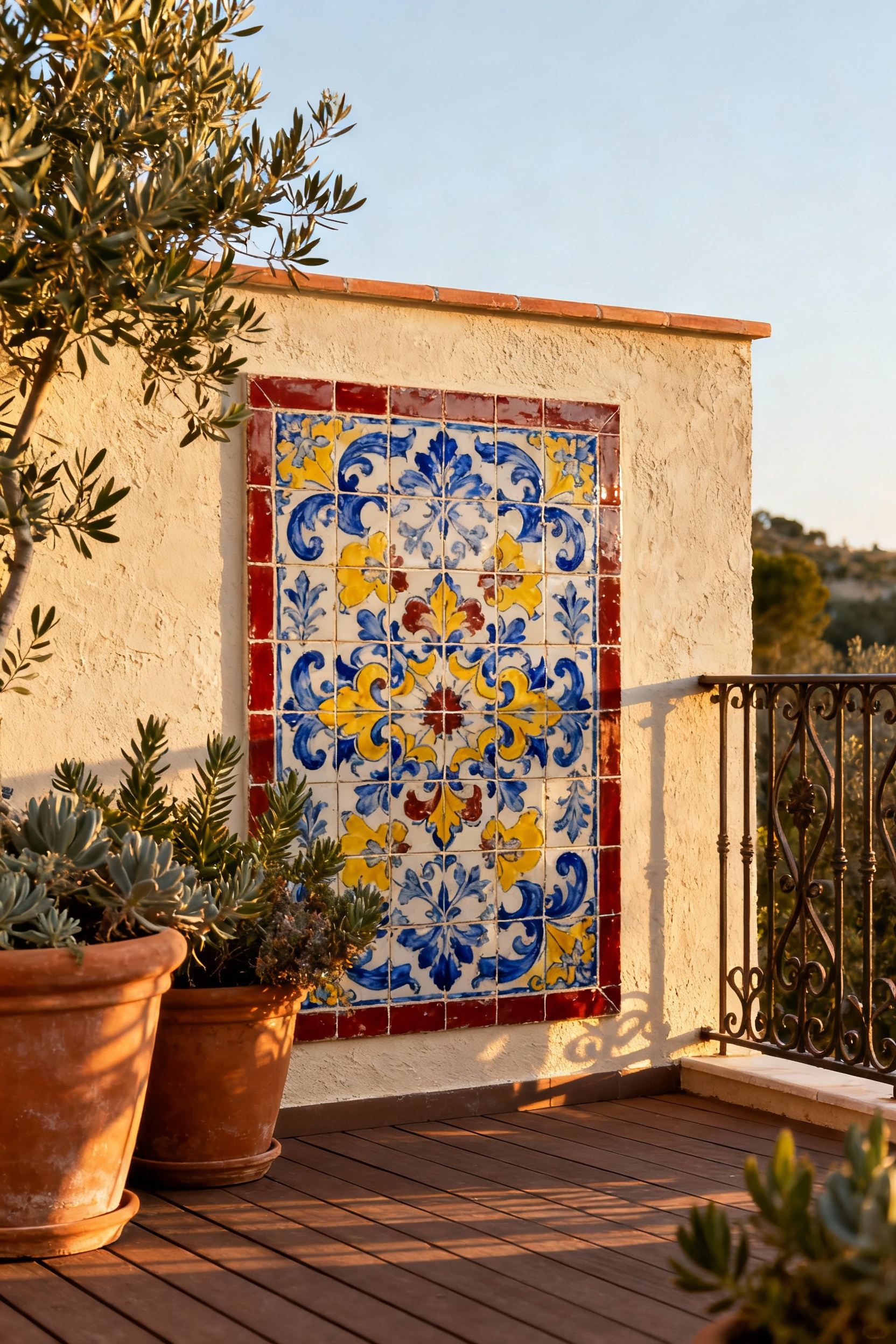 Mediterranean deck wall adorned with bespoke hand-painted ceramic tiles, featuring vibrant patterns in blue, yellow, and red, enhancing outdoor living spaces.