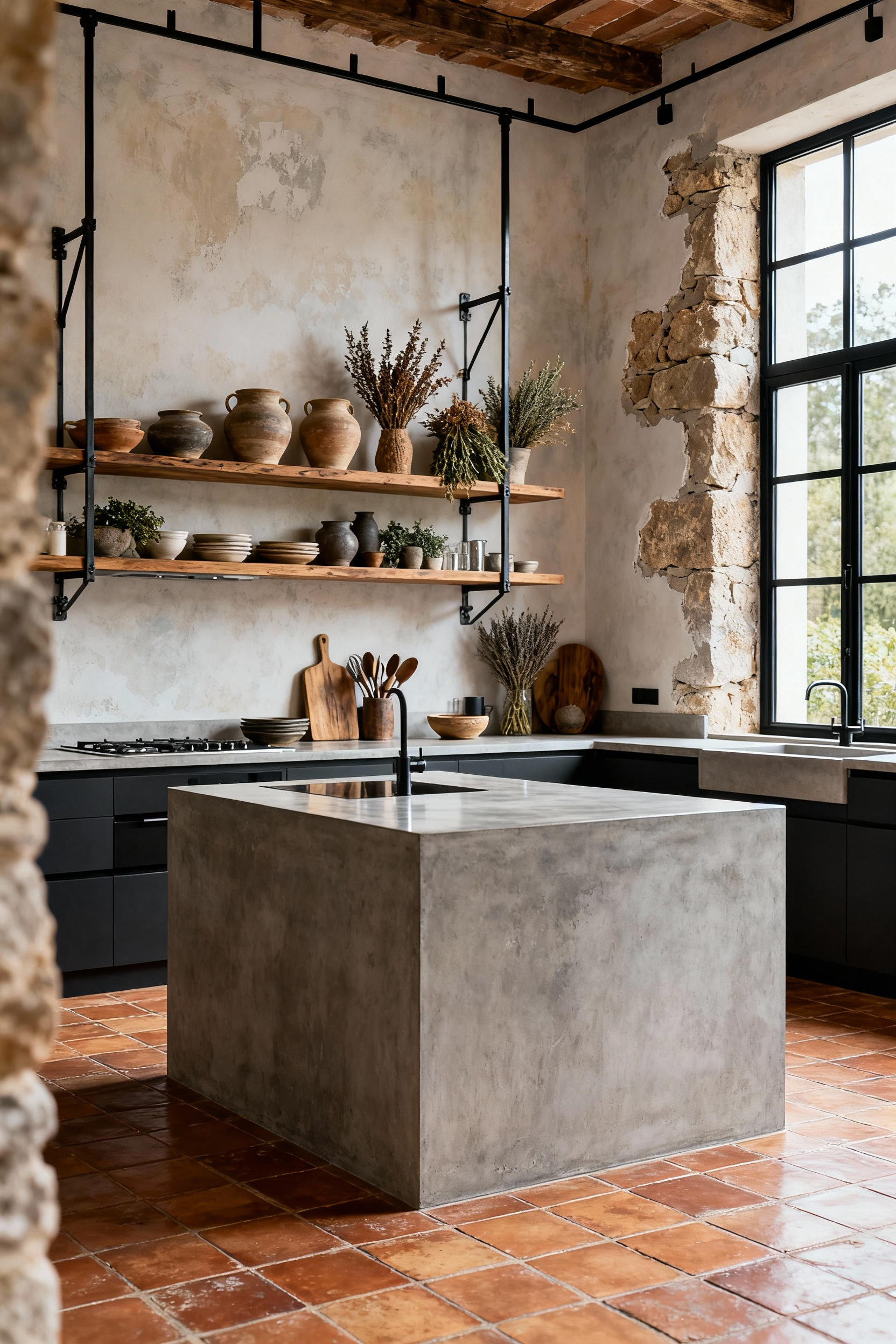 An Agrarian Loft style kitchen featuring natural light, exposed stone walls, terracotta tiles, black steel windows, concrete countertops, and shelves with artisan ceramics, embodying rustic-refined Mediterranean design.