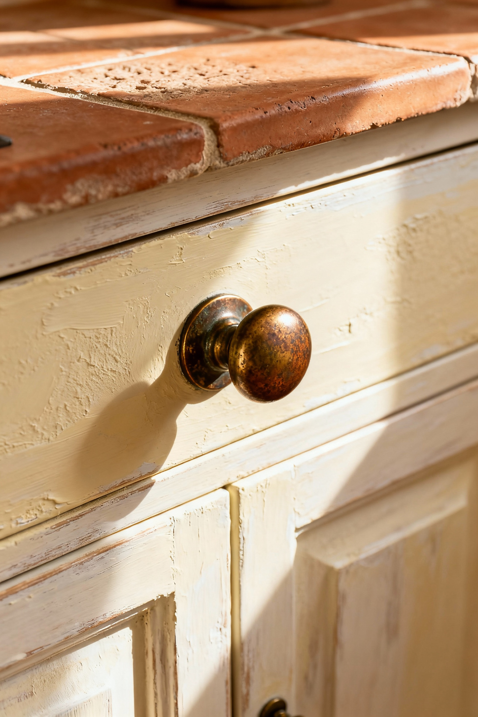 Close-up of an antiqued bronze cabinet pull in a sun-kissed Mediterranean kitchen, showcasing its rich, natural patina and textured finish on a light, rustic wooden cabinet.