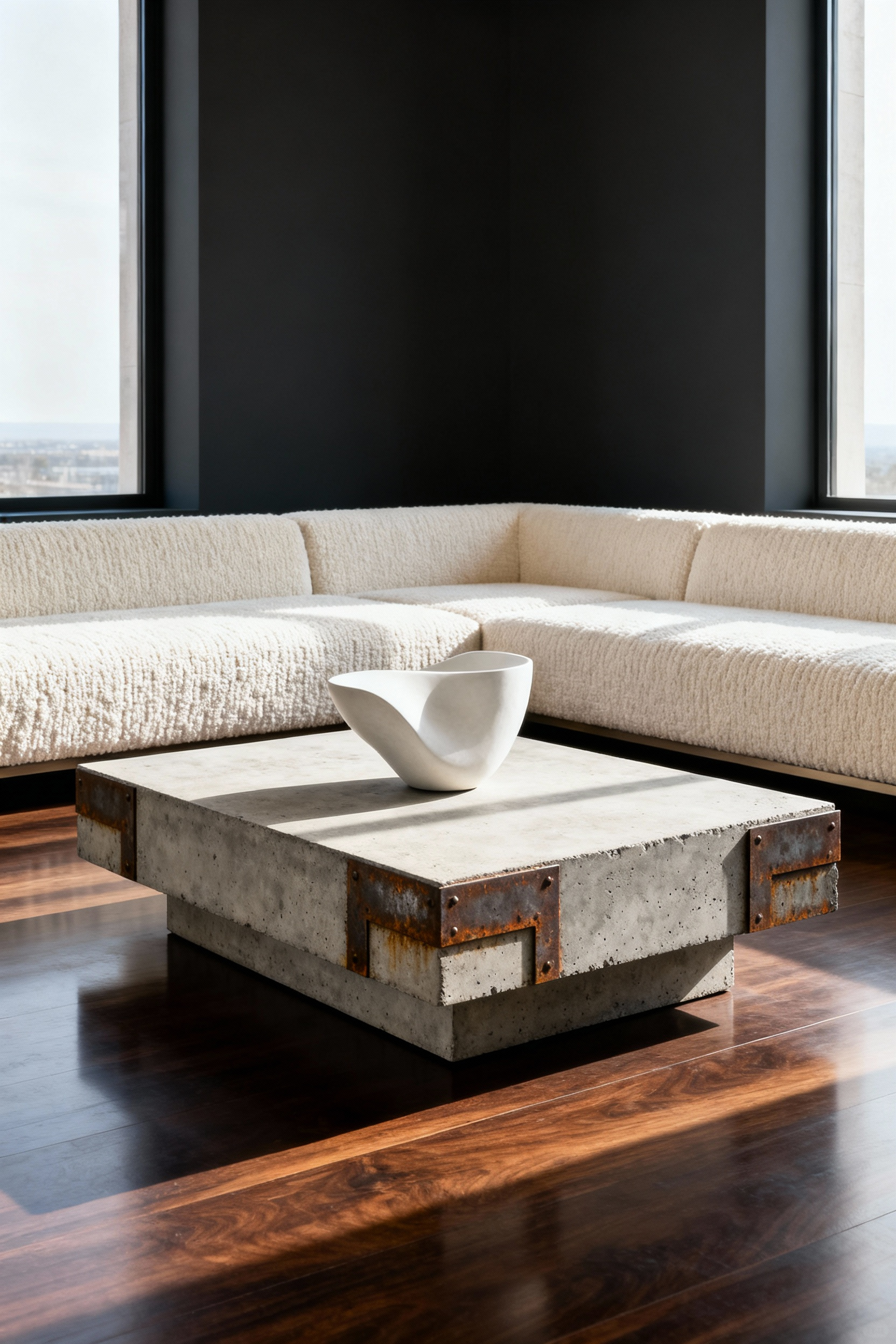 A high-end living room featuring a minimalist sculptural coffee table made of textured concrete and weathered steel, acting as the room's architectural centerpiece.