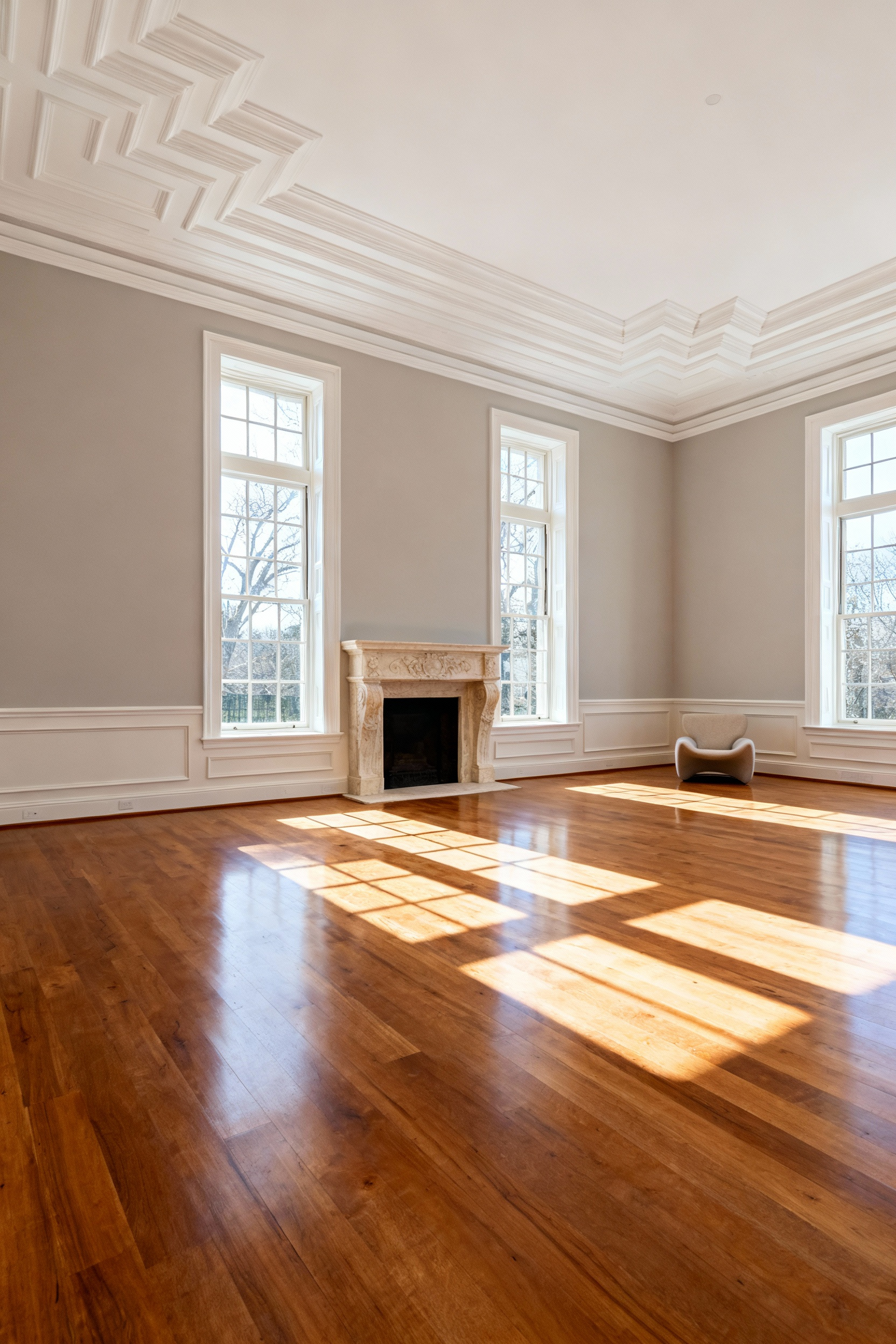 Expansive, sunlit living room featuring detailed crown molding, wainscoting, and a limestone fireplace, emphasizing the structural lines and architectural foundation of the space.