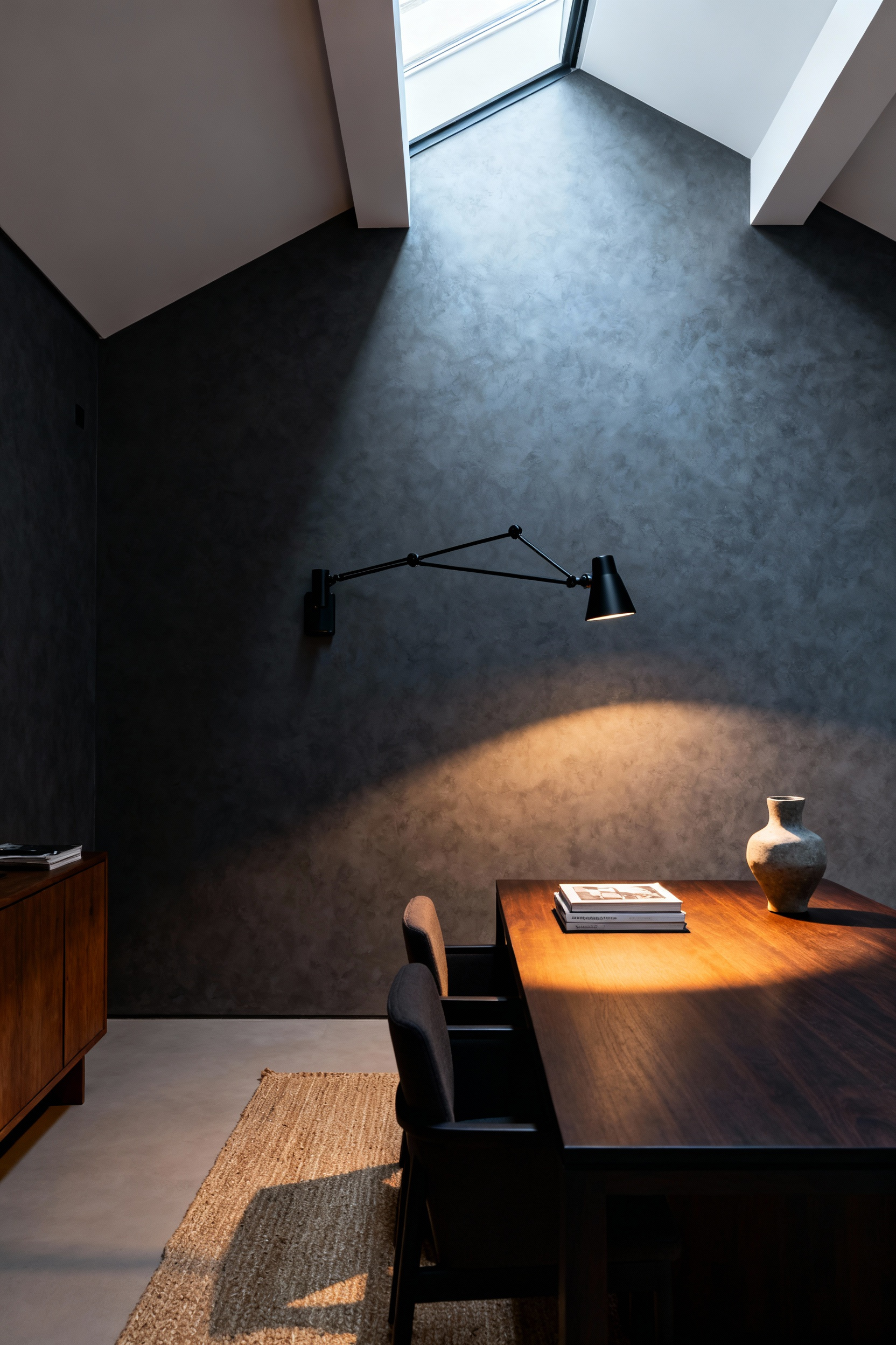Detailed image of a sophisticated dining room featuring a matte black articulating swing-arm sconce mounted on the wall above a walnut dining table, casting focused, warm light for tasks or dining.
