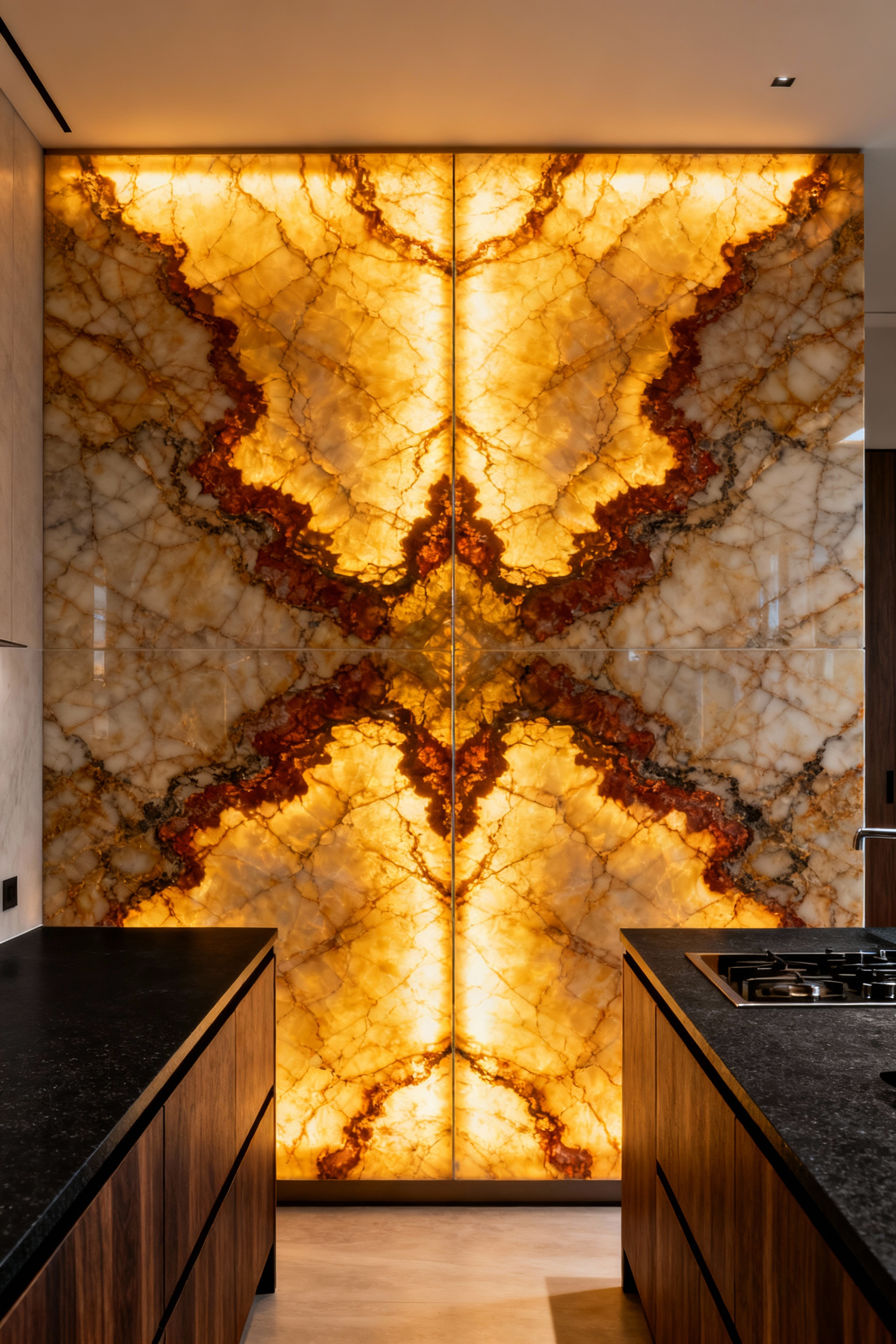 Luxurious kitchen featuring a backlit, book-matched onyx slab used as the full-height backsplash, showcasing symmetrical golden veining and glowing translucent light above dark granite countertops.