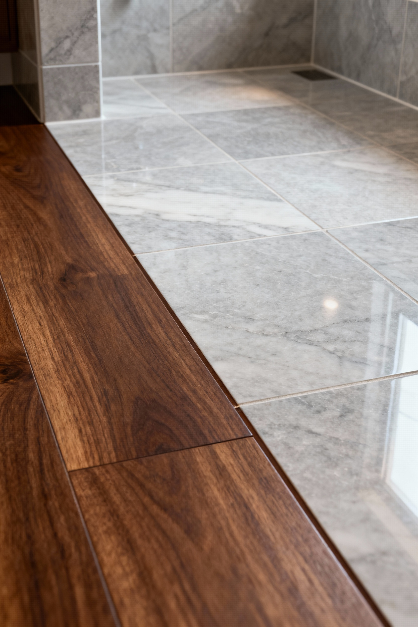 Close-up of a luxurious bathroom floor featuring a seamless, imperceptible transition between polished natural stone and engineered wood planks, demonstrating advanced material dynamics for longevity.