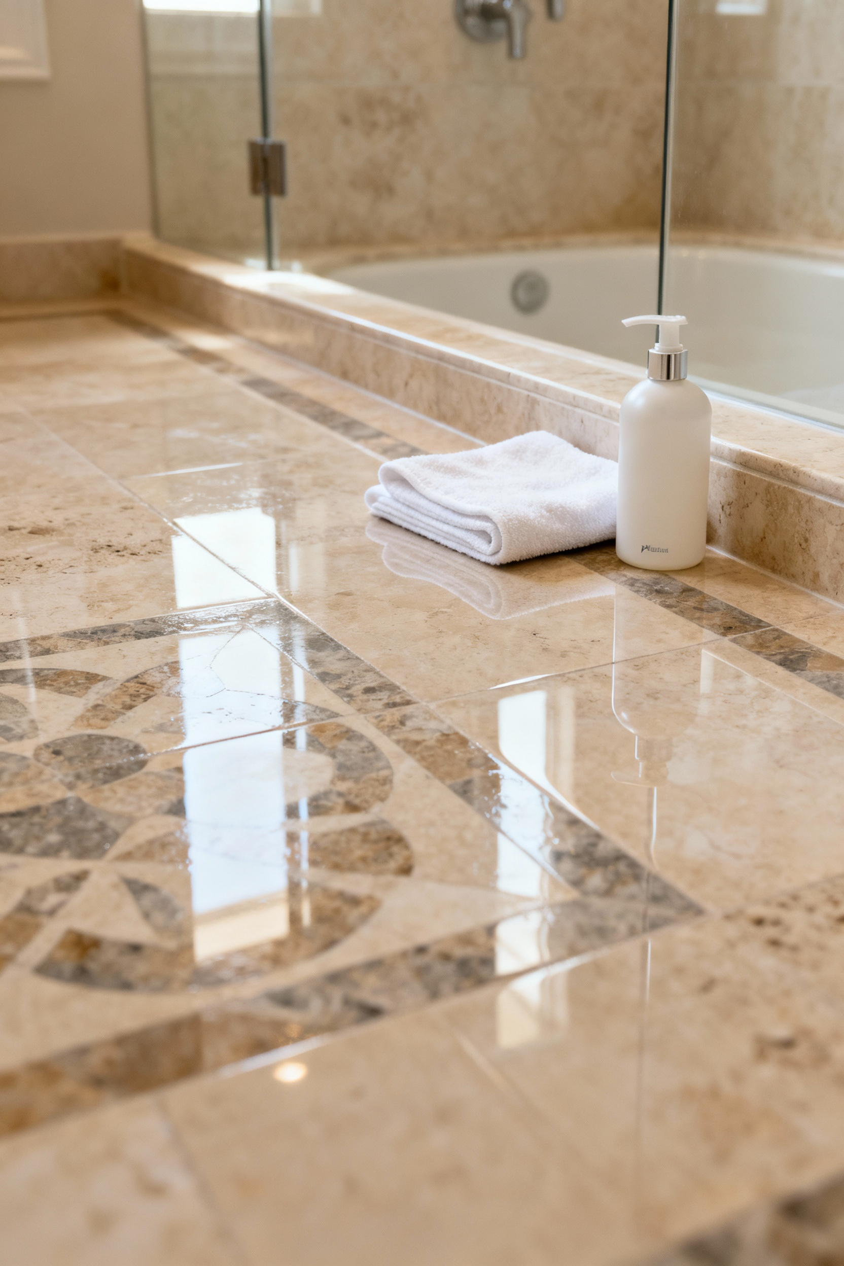 A close-up shot of a luxurious, gleaming bathroom floor made of polished natural stone, showcasing its pristine integrity and radiant luster after meticulous post-installation care and maintenance.