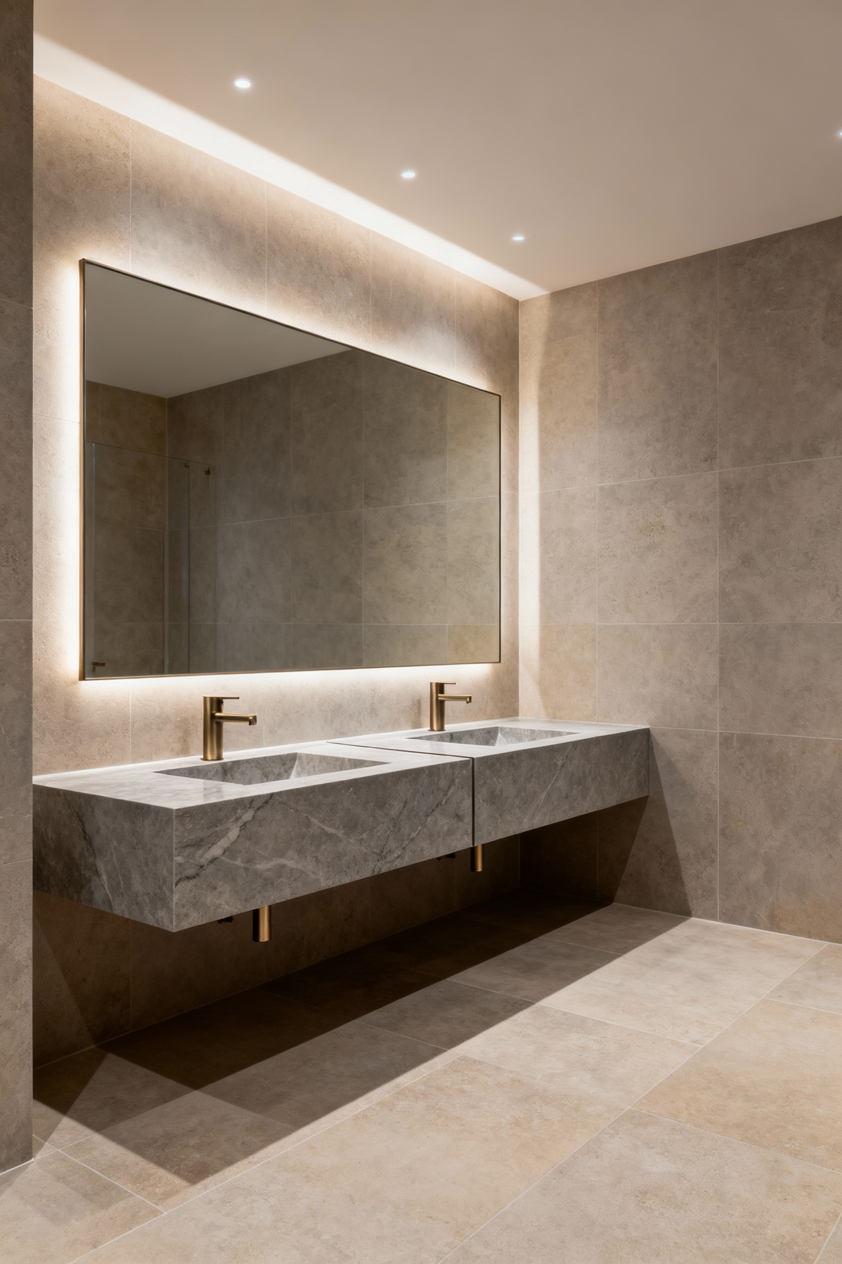 A luxurious bathroom interior featuring a cohesive material palette, with large-format honed limestone flooring extending up the wall, a floating double vanity, and brushed champagne bronze fixtures. The design promotes visual harmony and experiential flow.