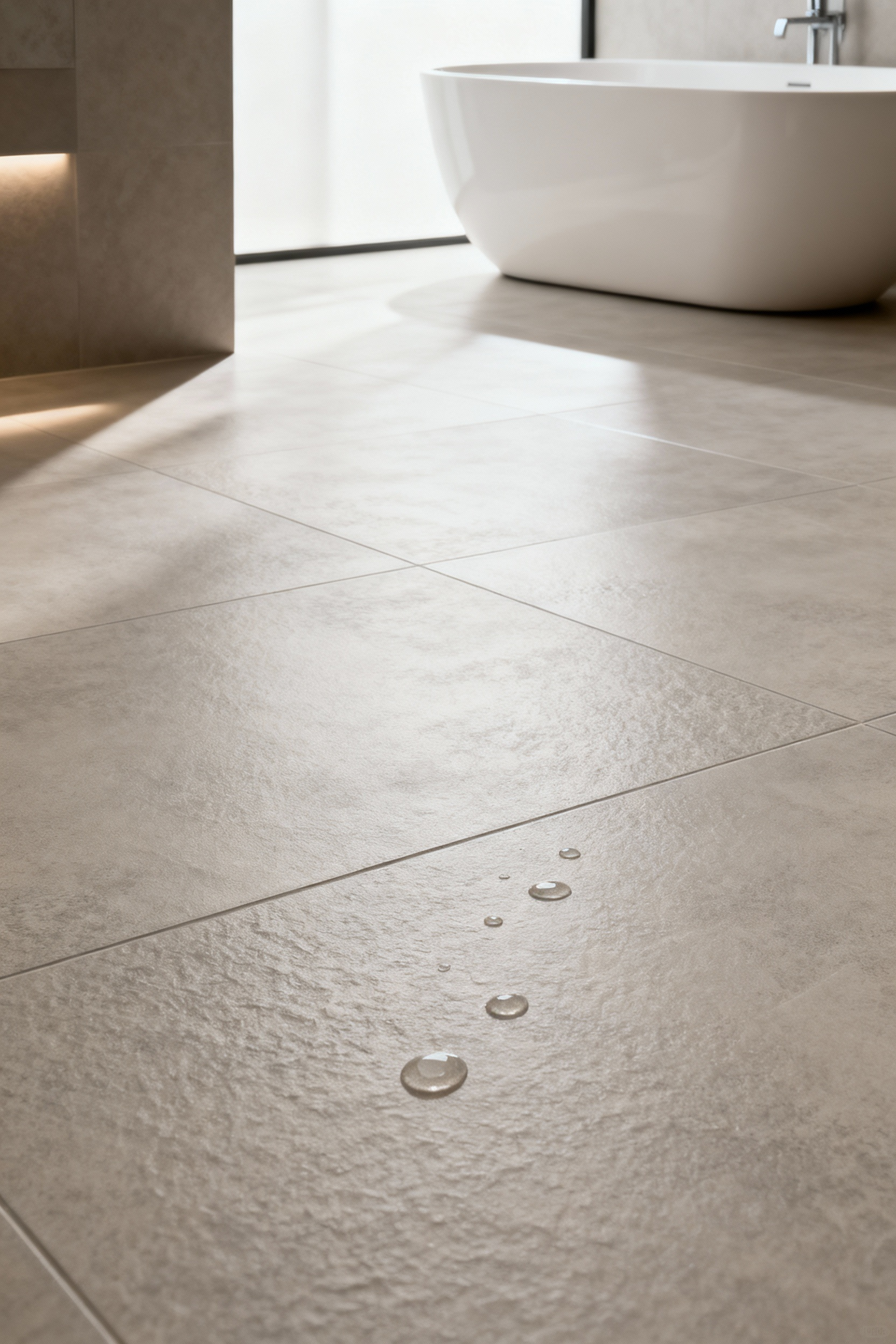 Luxurious matte large-format porcelain bathroom flooring with a subtle texture designed for superior slip resistance. The elegant, contemporary floor is illuminated by soft natural light, showcasing its blend of safety and sophisticated design. Ideal for a modern, bespoke bathroom sanctuary.