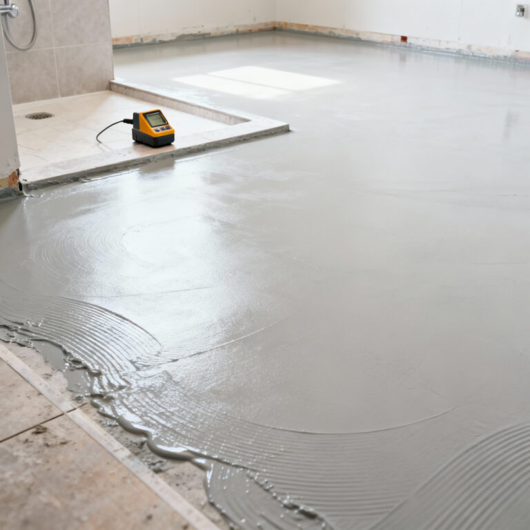 A professionally prepared bathroom subfloor with a perfectly level surface and a visible section of a liquid-applied waterproofing membrane, signifying optimal hydrophobic integrity. A professional moisture meter is subtly present. Emphasizes subfloor readiness before luxury flooring installation.