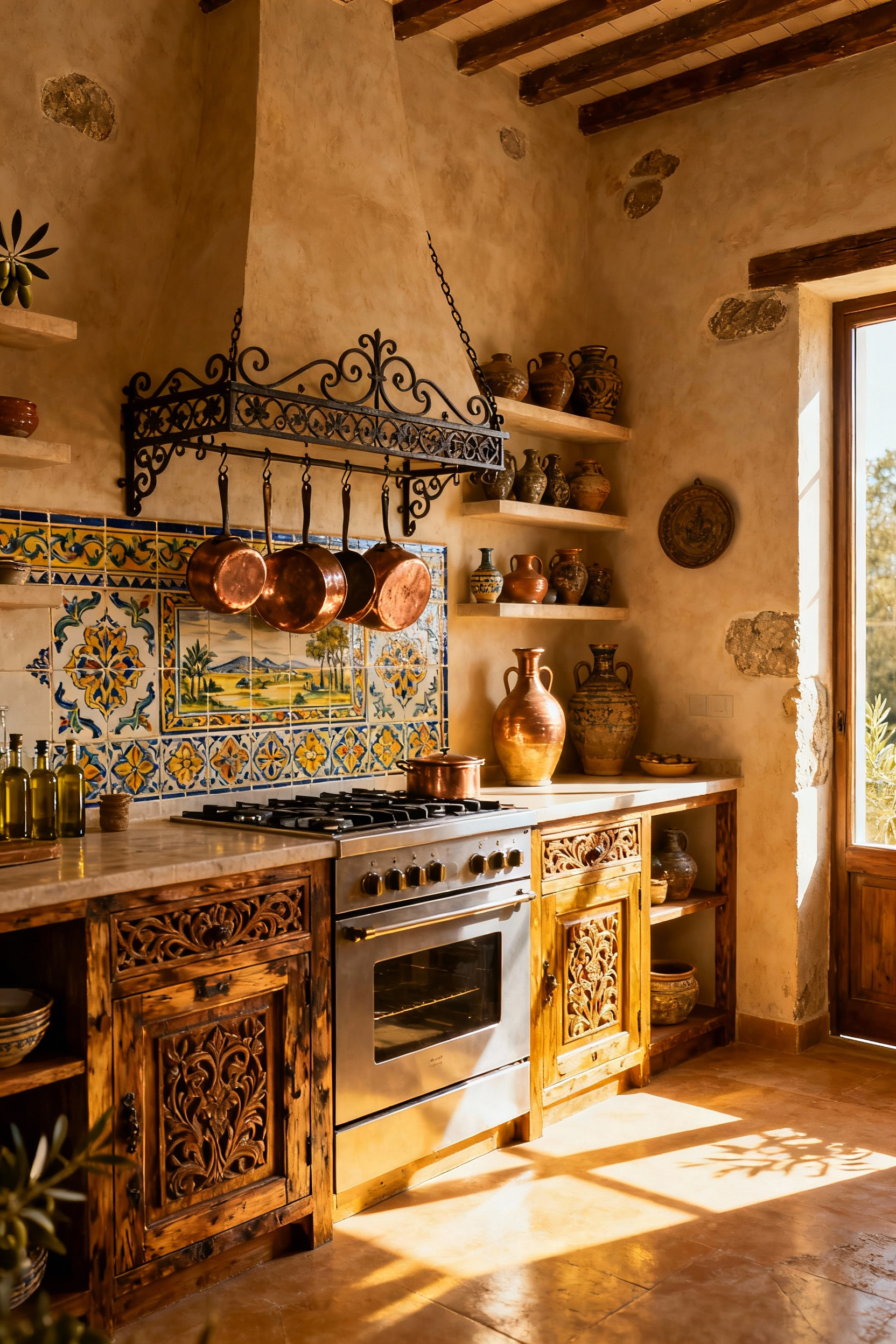 Portrait image of a Mediterranean kitchen interior featuring hand-painted ceramic tiles, a wrought iron pot rack, hand-carved wooden cabinets, and displayed heirloom pottery, embodying bespoke artisanal design.