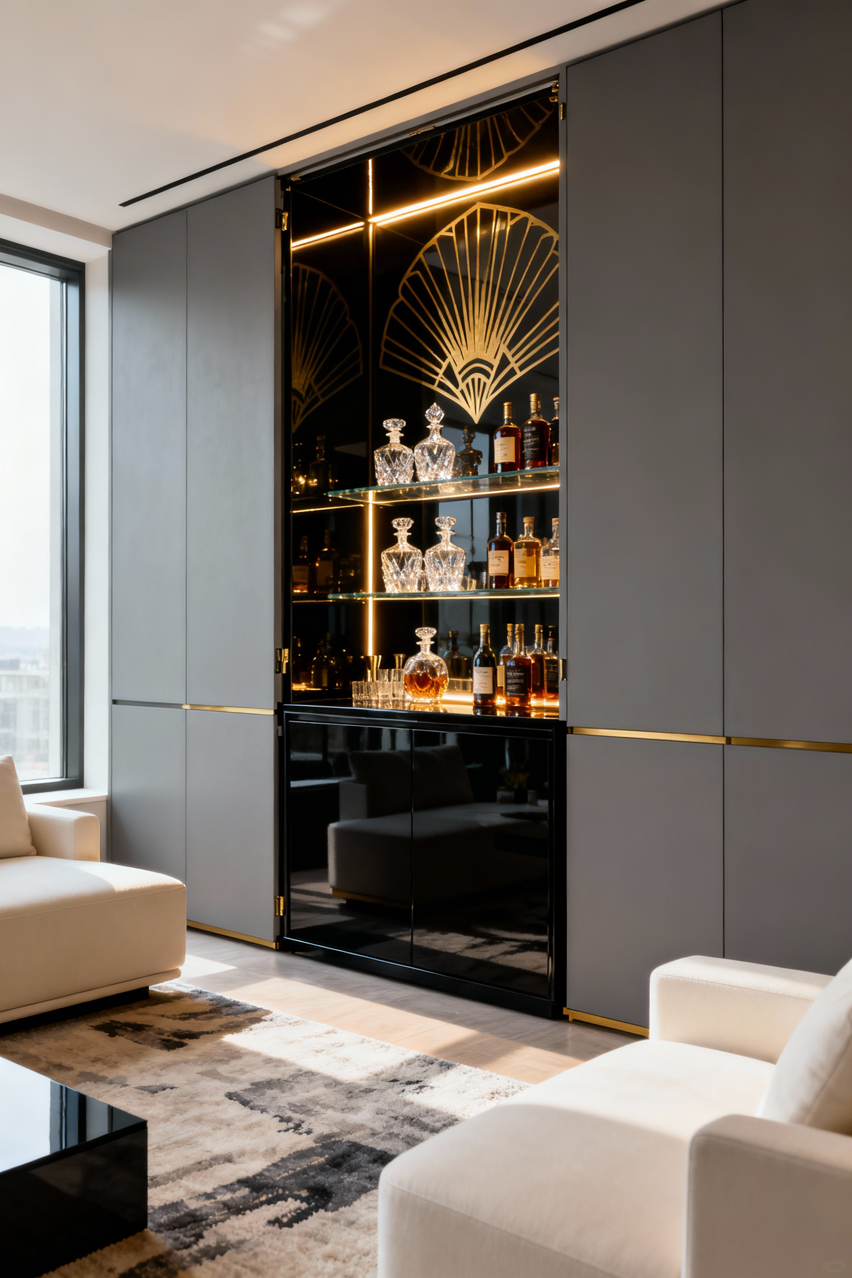 A luxurious bespoke bar console featuring Art Deco gold accents and high-gloss black lacquer, fully revealed within a minimalist living room wall unit, showcasing crystal glassware and premium spirits.