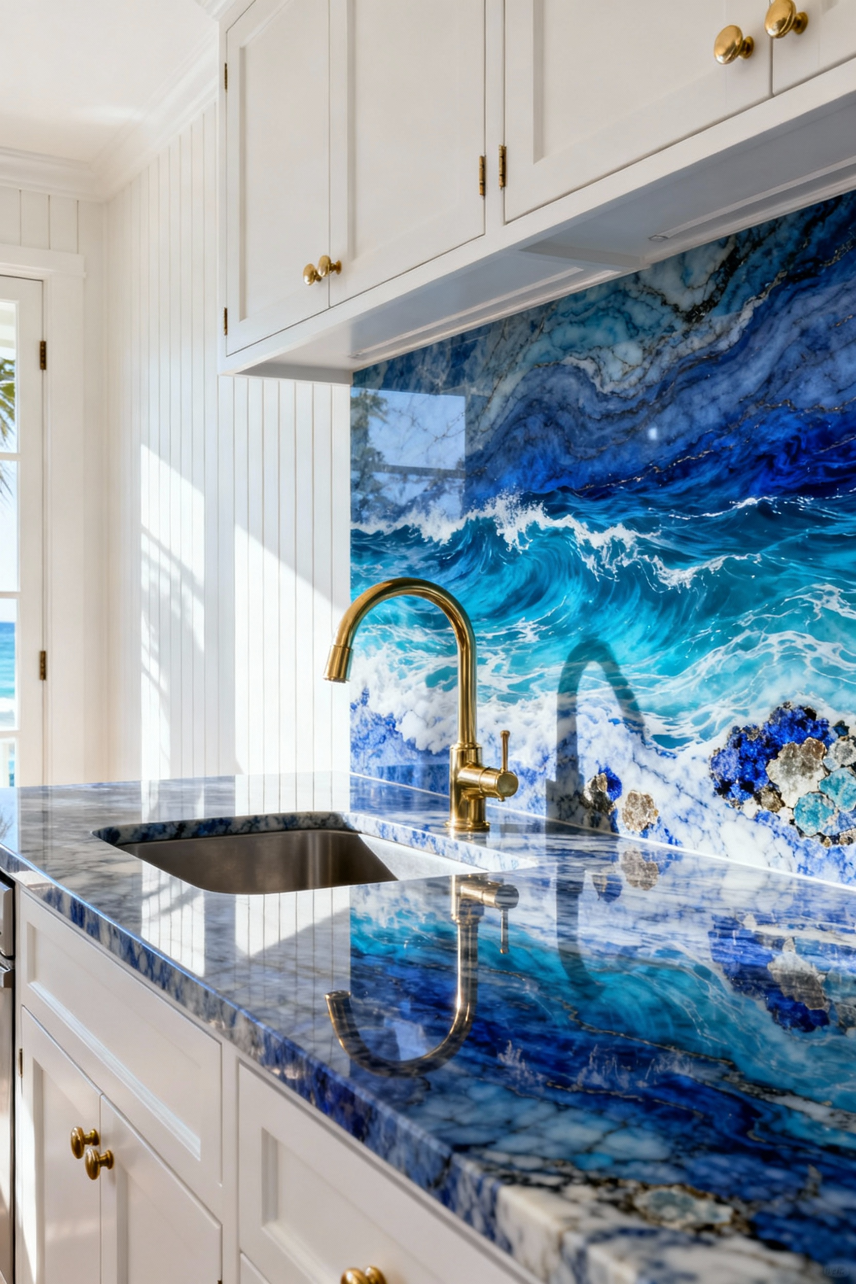 Luxury kitchen featuring deep blue Blue Macauba quartzite countertops and backsplash paired with crisp white shiplap cabinetry for a coastal resort aesthetic.