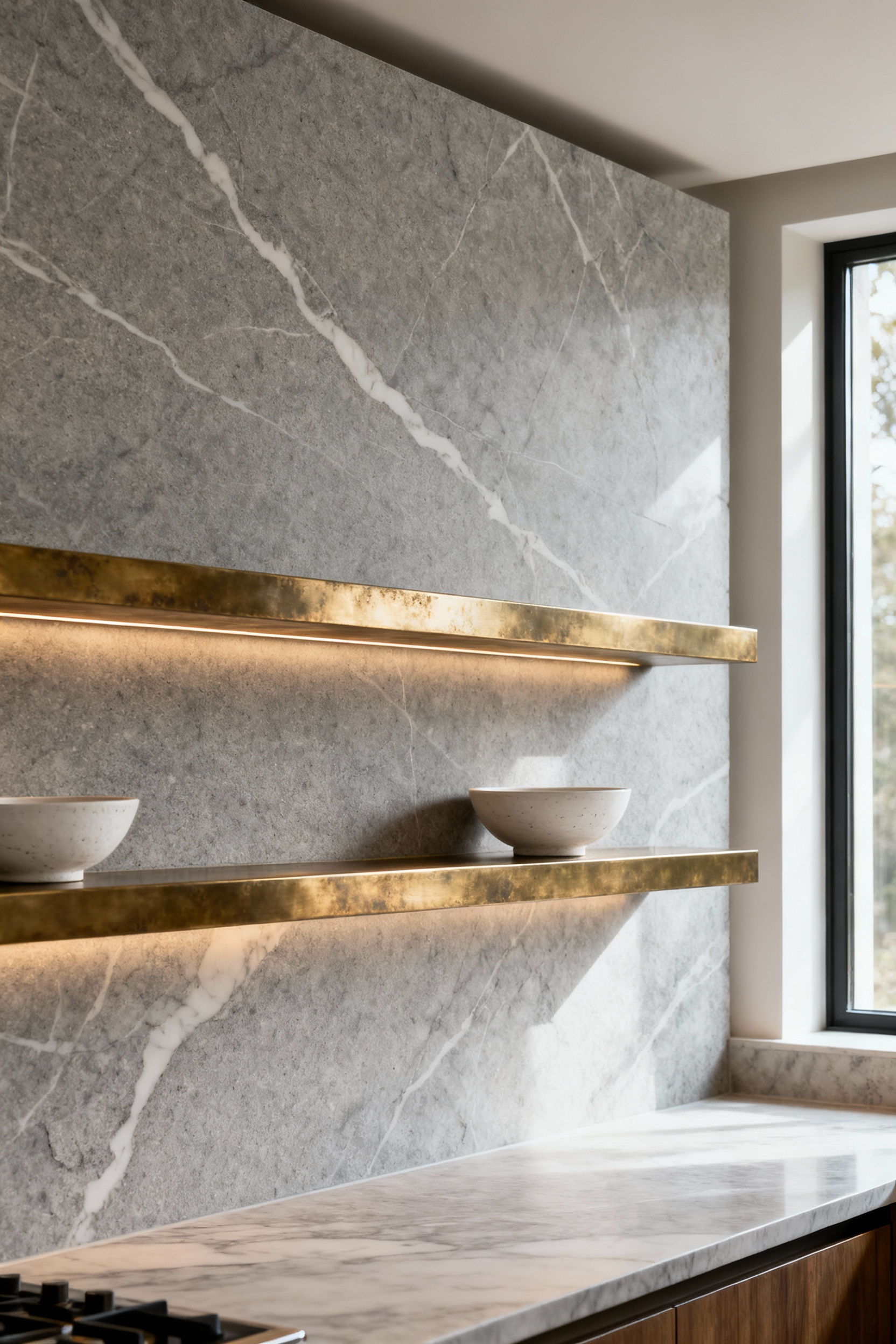 Seamless Pietra Grey marble kitchen backsplash integrating thick, patinated unlacquered brass shelving, showcasing quiet luxury and architectural contrast.