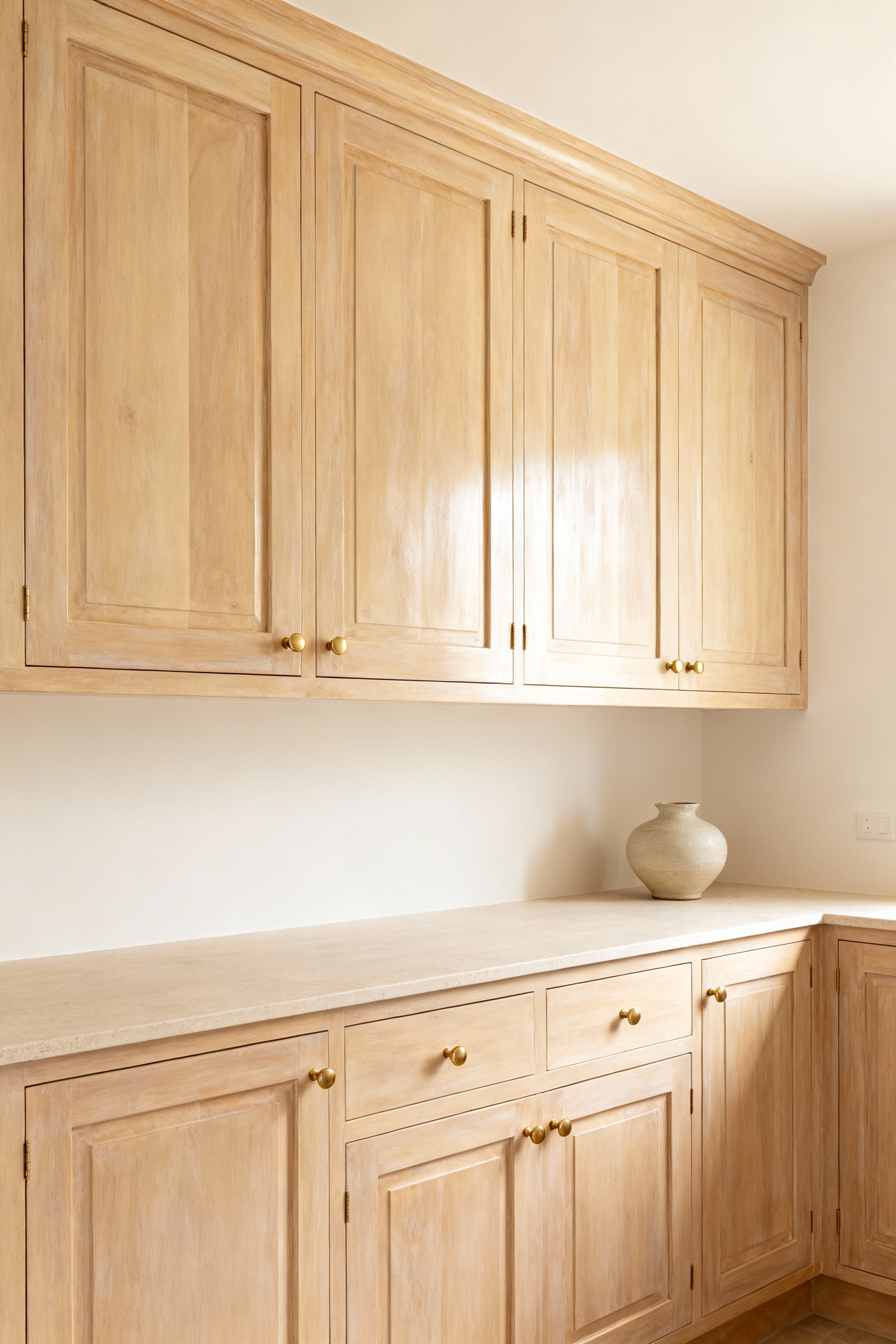 Meticulously maintained coastal kitchen cabinets showing enduring beauty, representing cabinet longevity and aesthetic preservation.