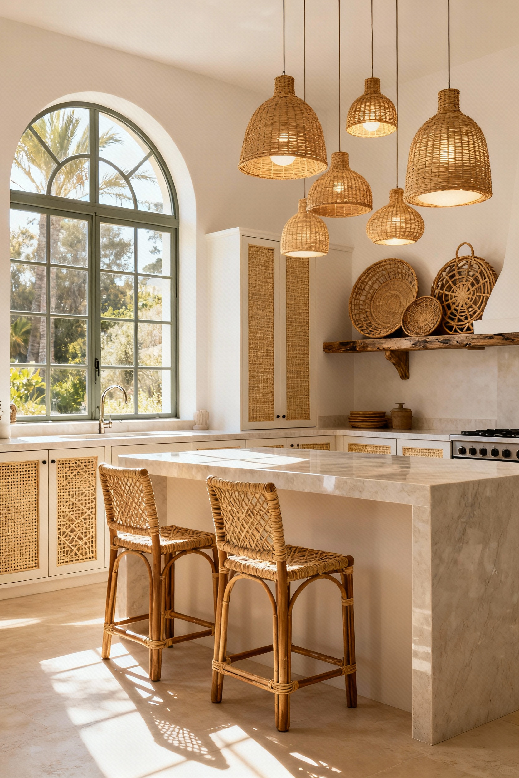 Bright Mediterranean kitchen featuring rattan pendant lights above a stone island, cane webbing panels on cabinetry, and rattan-backed counter stools, embodying breezy textural allure.