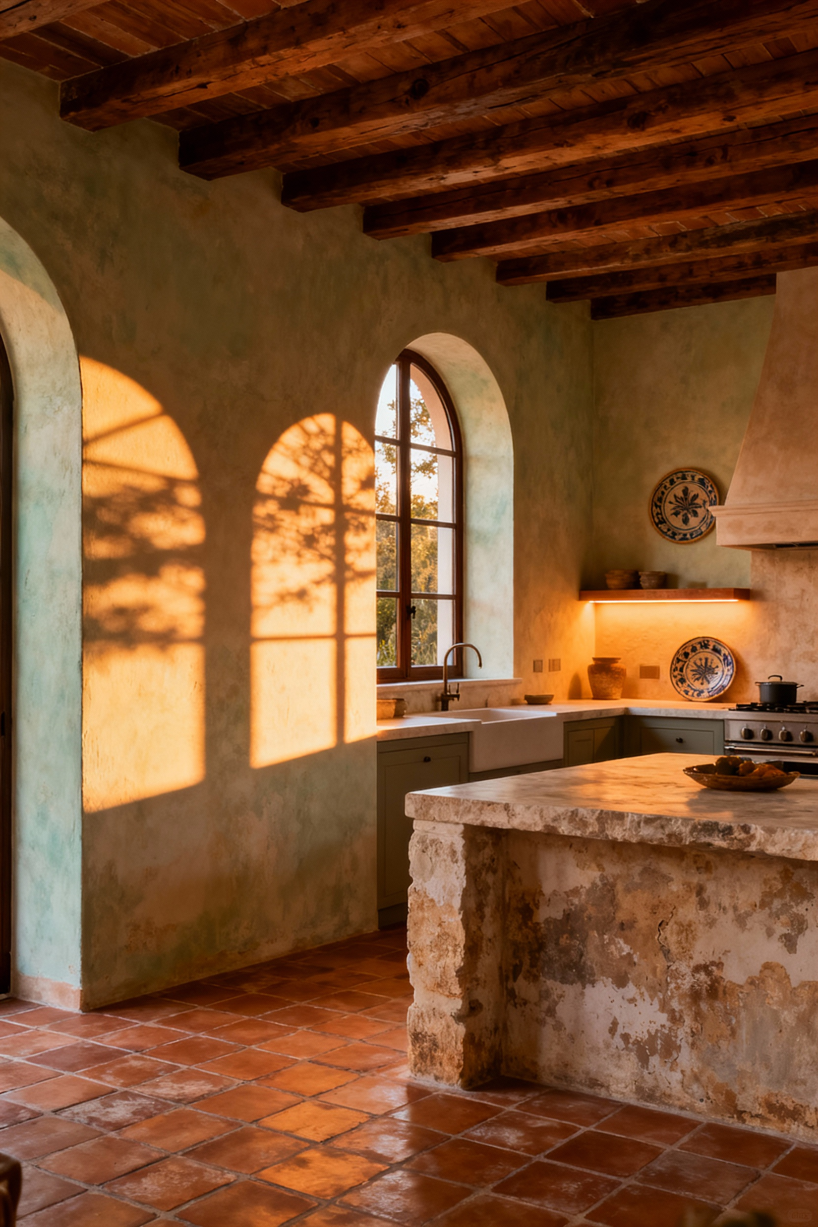 Mediterranean kitchen interior with deep-set windows, terracotta floors, lime-washed walls, and wooden beams. Natural light creating shadows, complemented by warm artificial lighting, designed to support circadian rhythms and intentional light articulation.