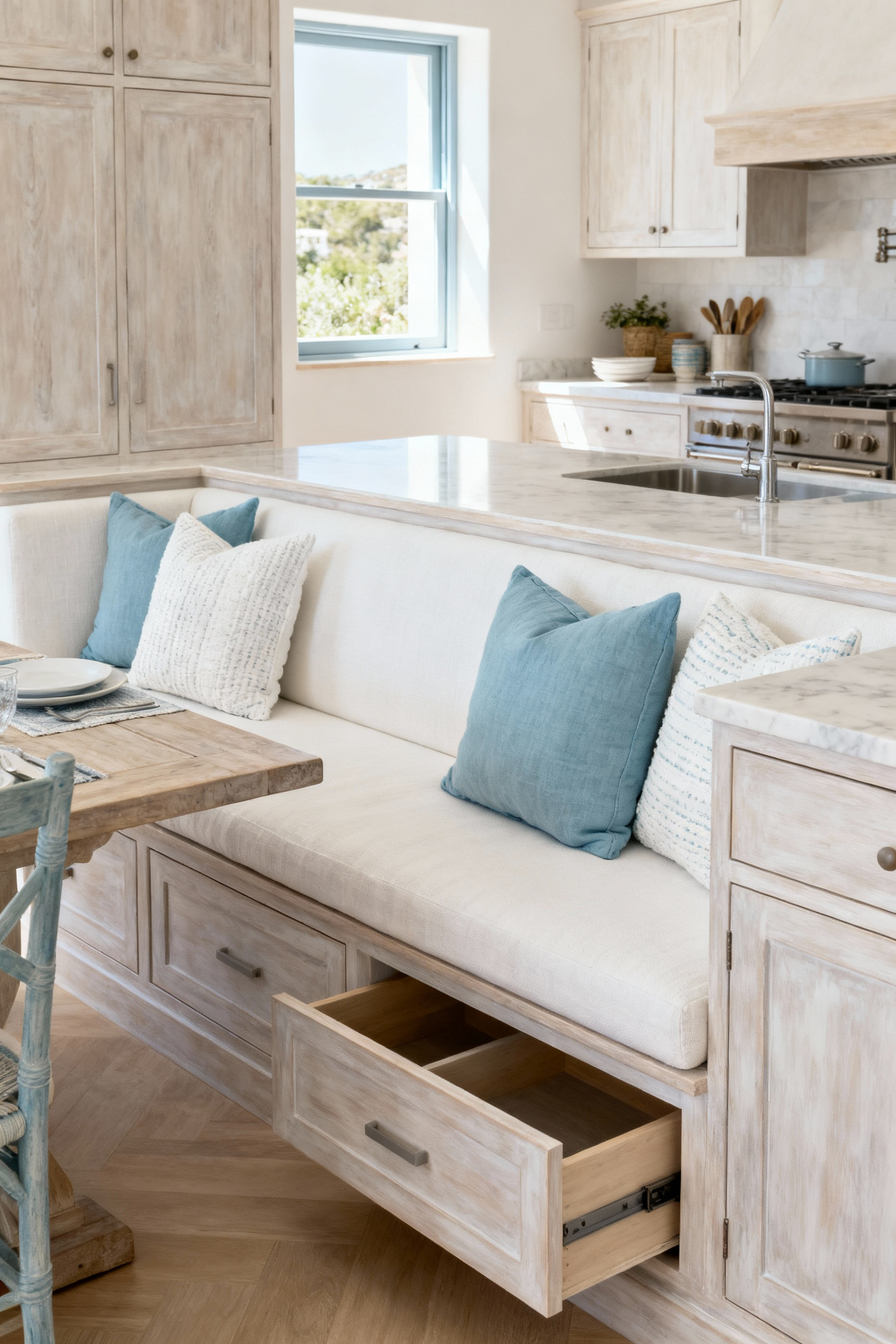 A coastal Mediterranean-style dining nook with architectural built-in banquette seating made of cerused oak, featuring integrated storage, soft cushions, and ample natural light, enhancing kitchen functionality.