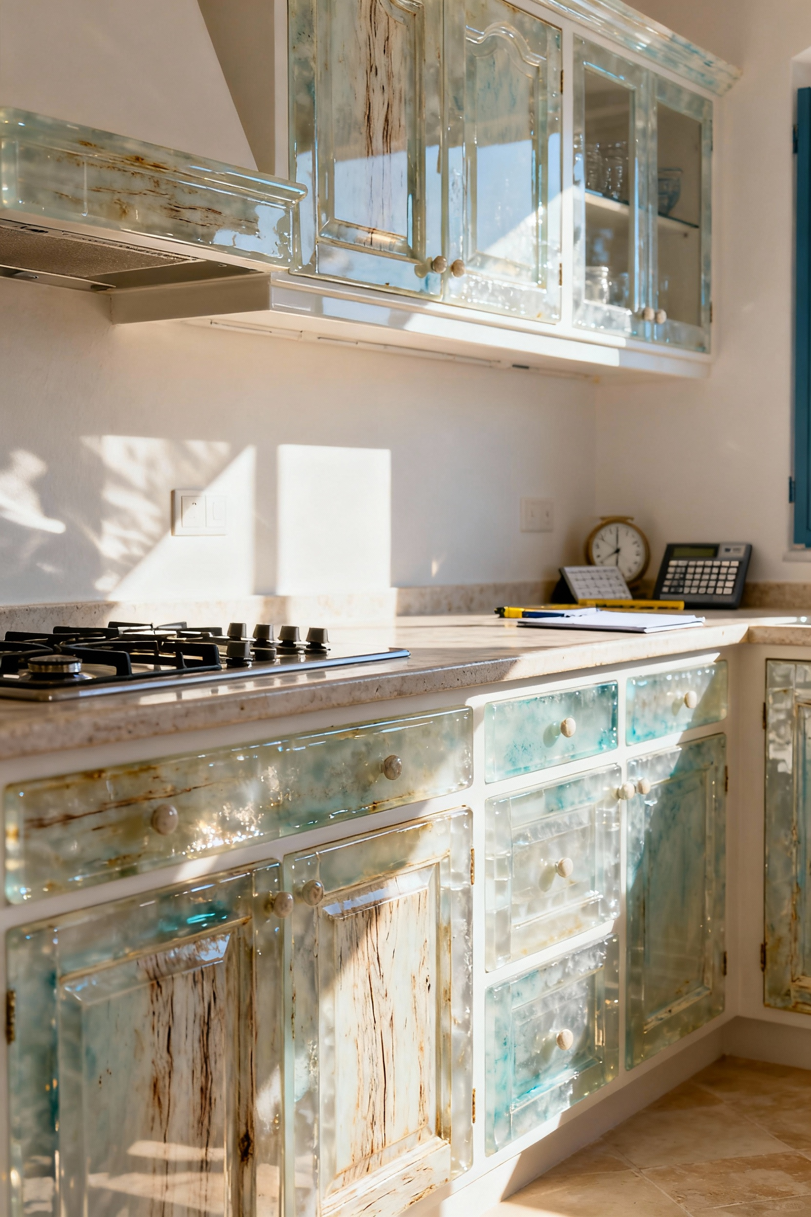 A professional photo of a coastal kitchen featuring cabinets finished with precision glazing and washes, showcasing sun-drenched transparency and depth. The light highlights the nuanced, aged patina of the glazed coastal cabinets, reflecting a Mediterranean design aesthetic.