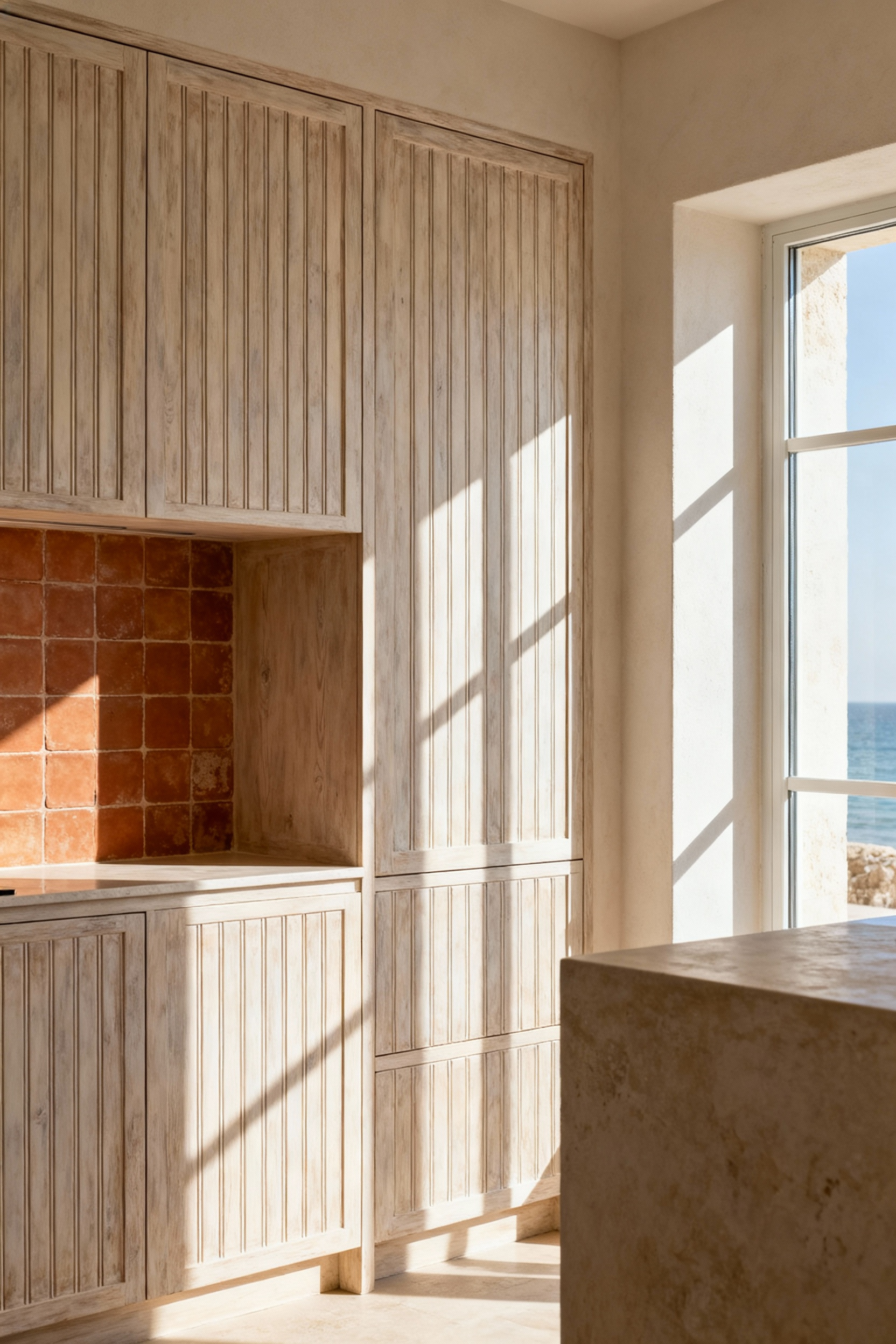 Coastal kitchen cabinets with light-toned cerused ash, grooved vertical tongue-and-groove panels, and terracotta backsplash, showcasing regional architectural authenticity.