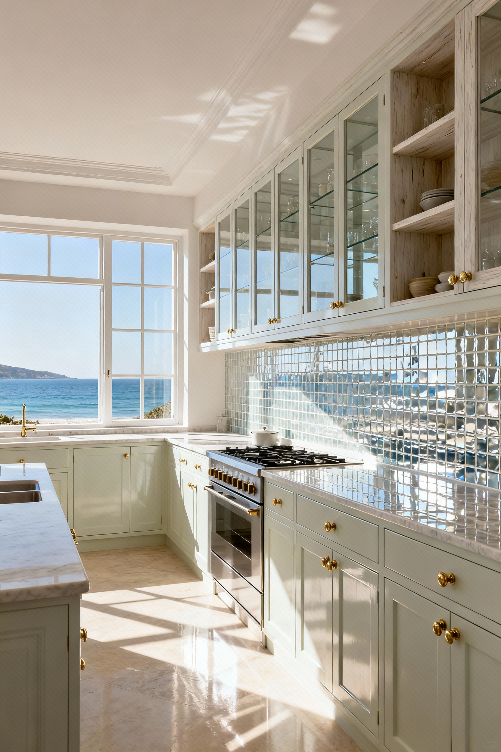A bright coastal kitchen featuring light-reflective limewash cabinetry, clear glass vitrines, whitewashed oak open shelving, and large windows that maximize natural light, creating an airy and illuminated Mediterranean design.
