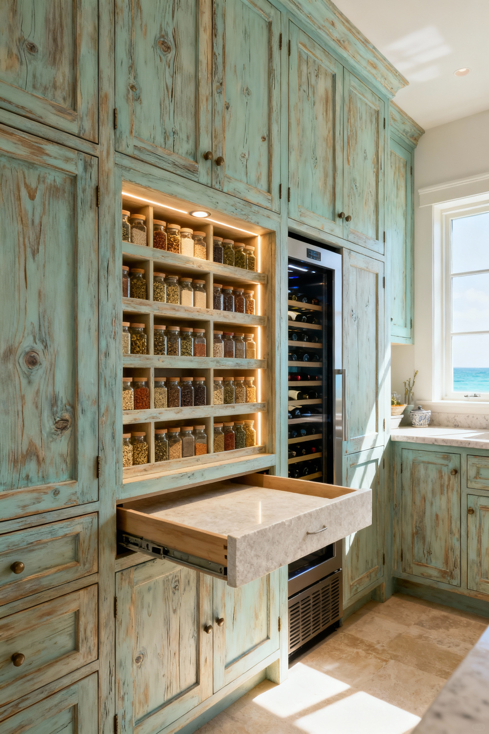 A beautifully organized coastal kitchen featuring custom, task-specific cabinetry made from distressed cypress, with a visible pull-out spice rack and integrated wine cooler, bathed in natural light.