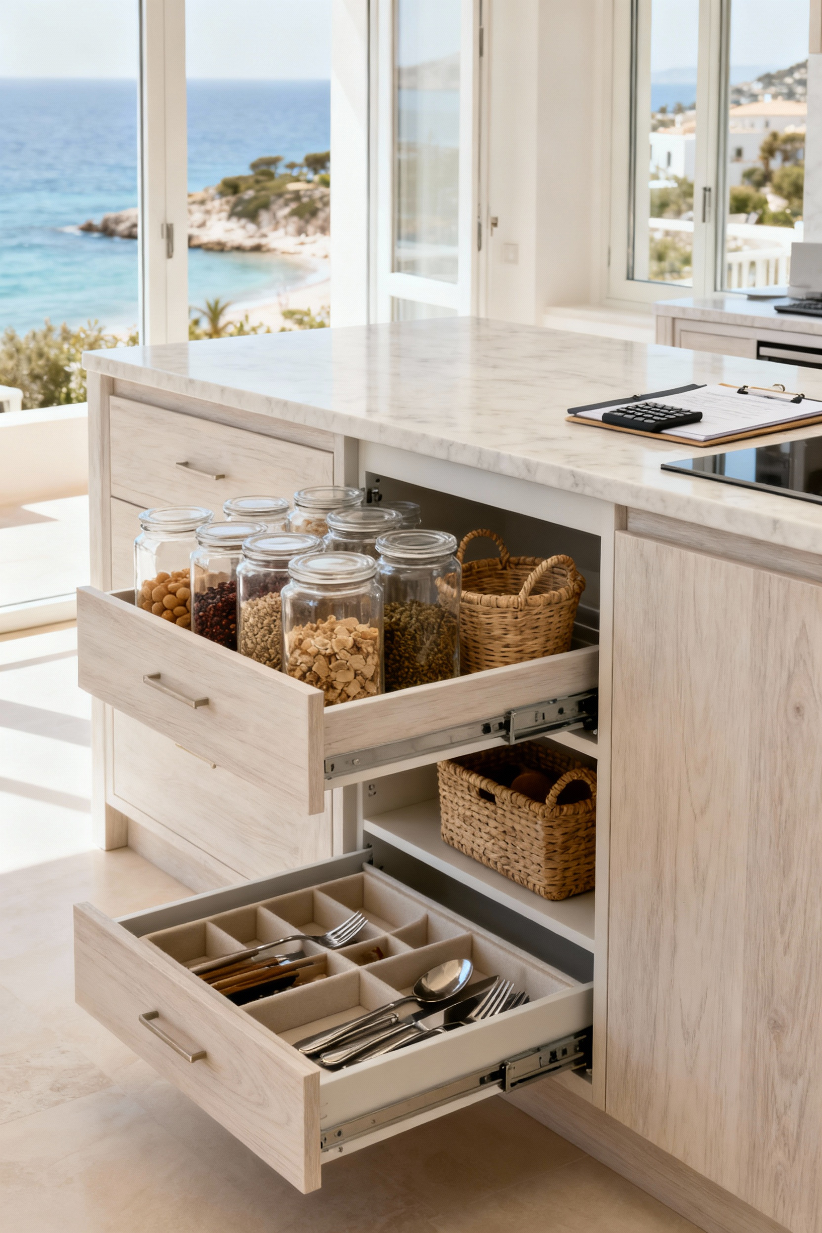 A sun-drenched Mediterranean coastal kitchen with bespoke cabinetry and intelligent, concealed storage solutions for effortless culinary preparation and entertaining. Featuring organized pull-out pantries and custom drawer inserts.