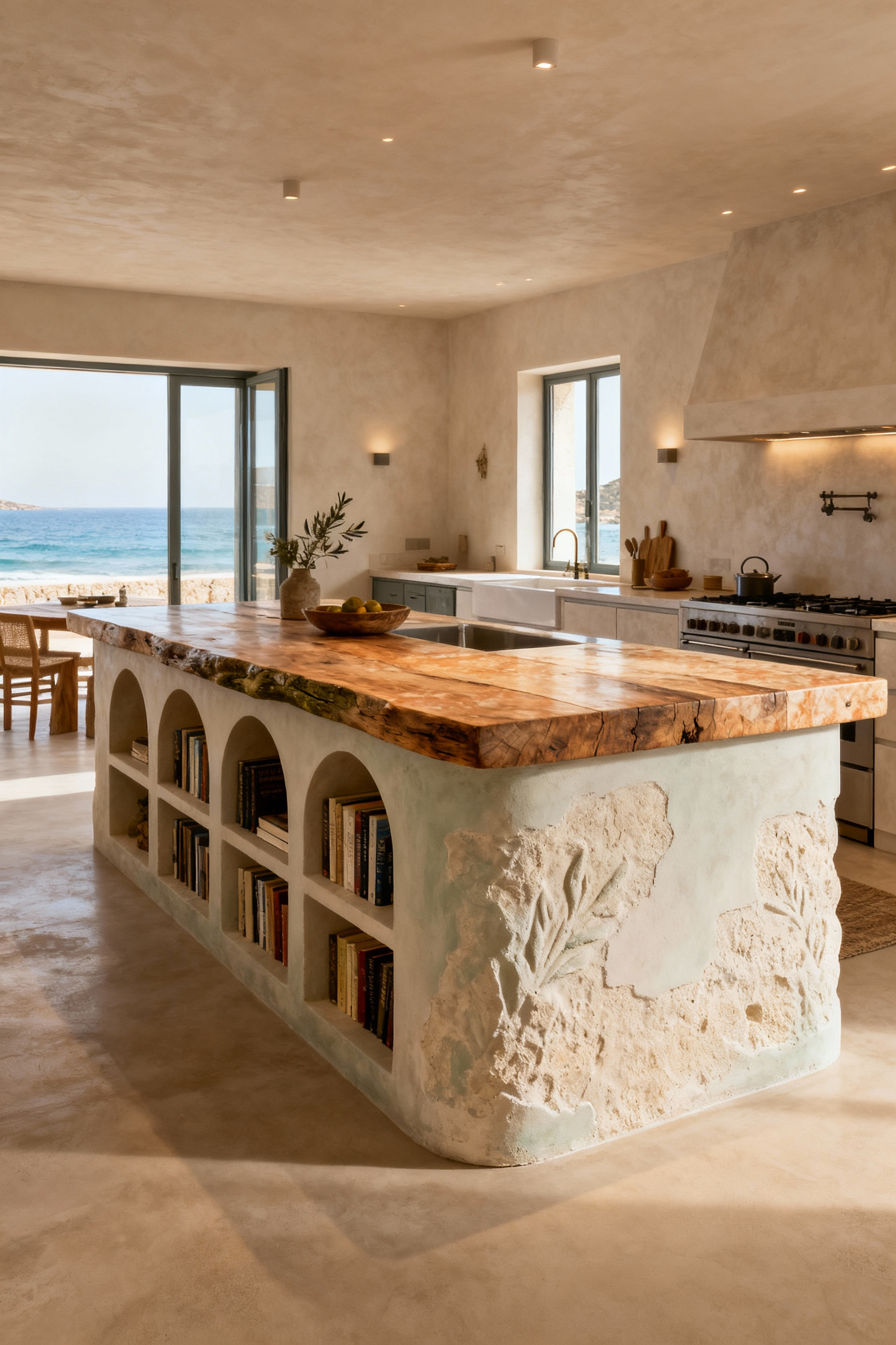 A professional wide-angle shot of a grand sculptural kitchen island in a luxurious Mediterranean coastal kitchen. The island features a hand-chiseled limestone base and a honed marble countertop, acting as a stunning focal point. Subtle ambient lighting highlights its architectural form, surrounded by elegant coastal cabinetry. No people.
