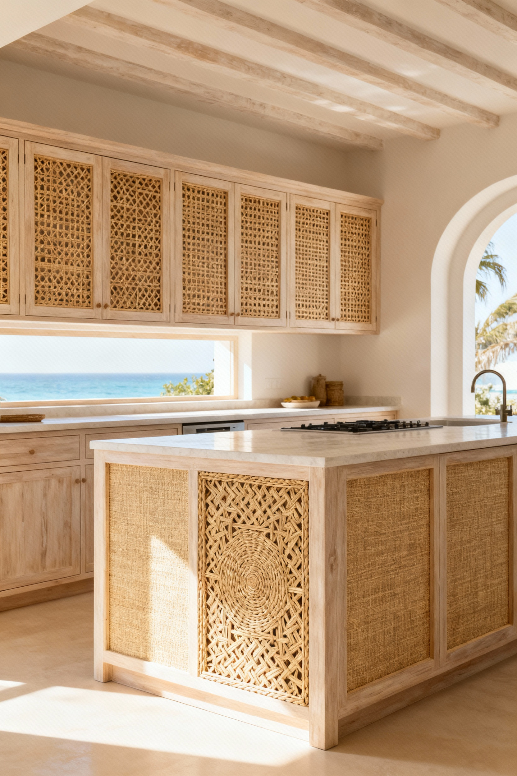Coastal kitchen cabinets featuring natural materials. Light-colored wooden cabinets with open-weave cane inserts on the upper doors and a kitchen island accented with finely woven grasscloth panels. The design reflects a Mediterranean-inspired, breathable aesthetic, highlighting organic textures and craftsmanship.